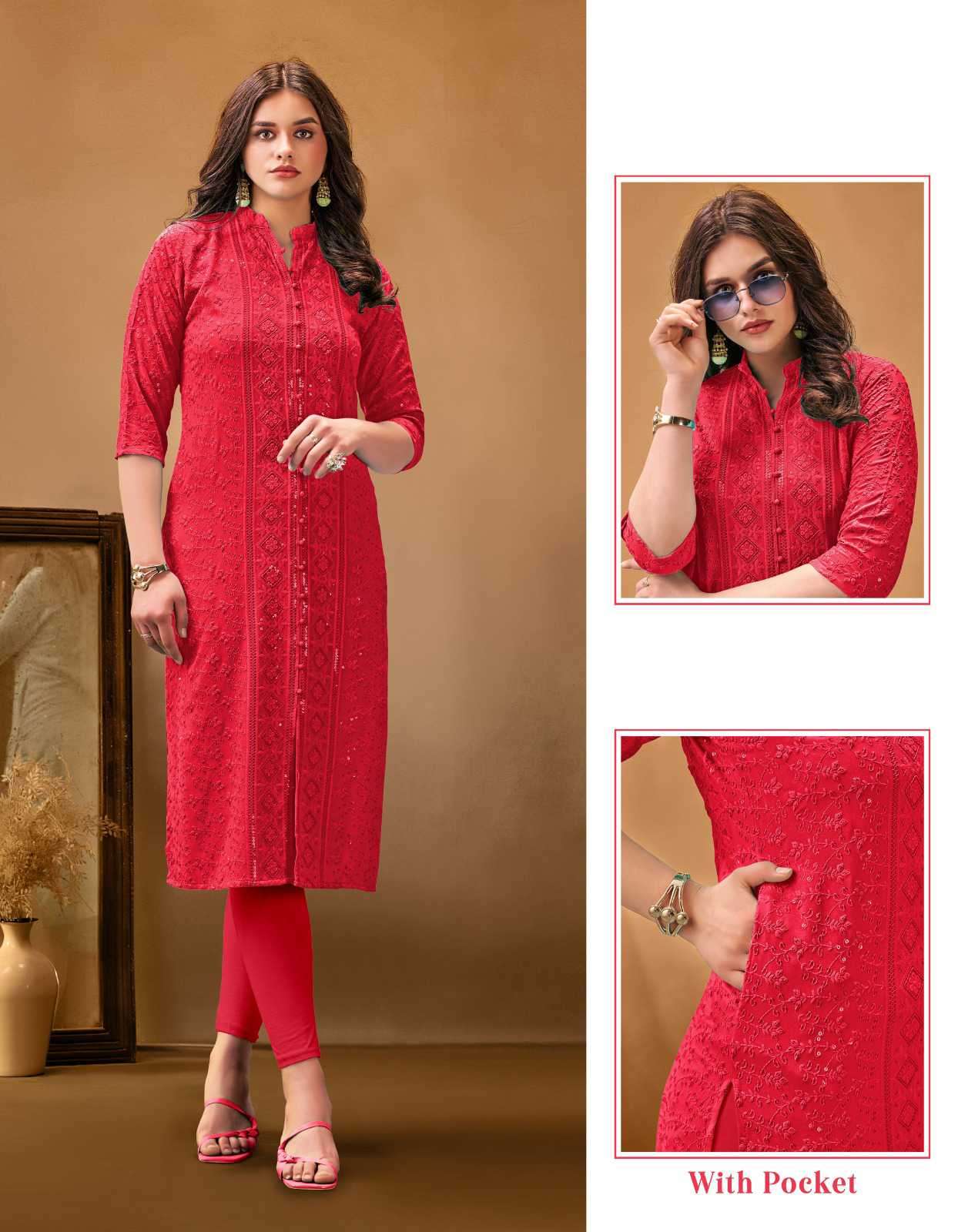 TUNIC HOUSE CHIKANKARI SEQUENCE WORK KURTI SIZE SET COMBO SET
