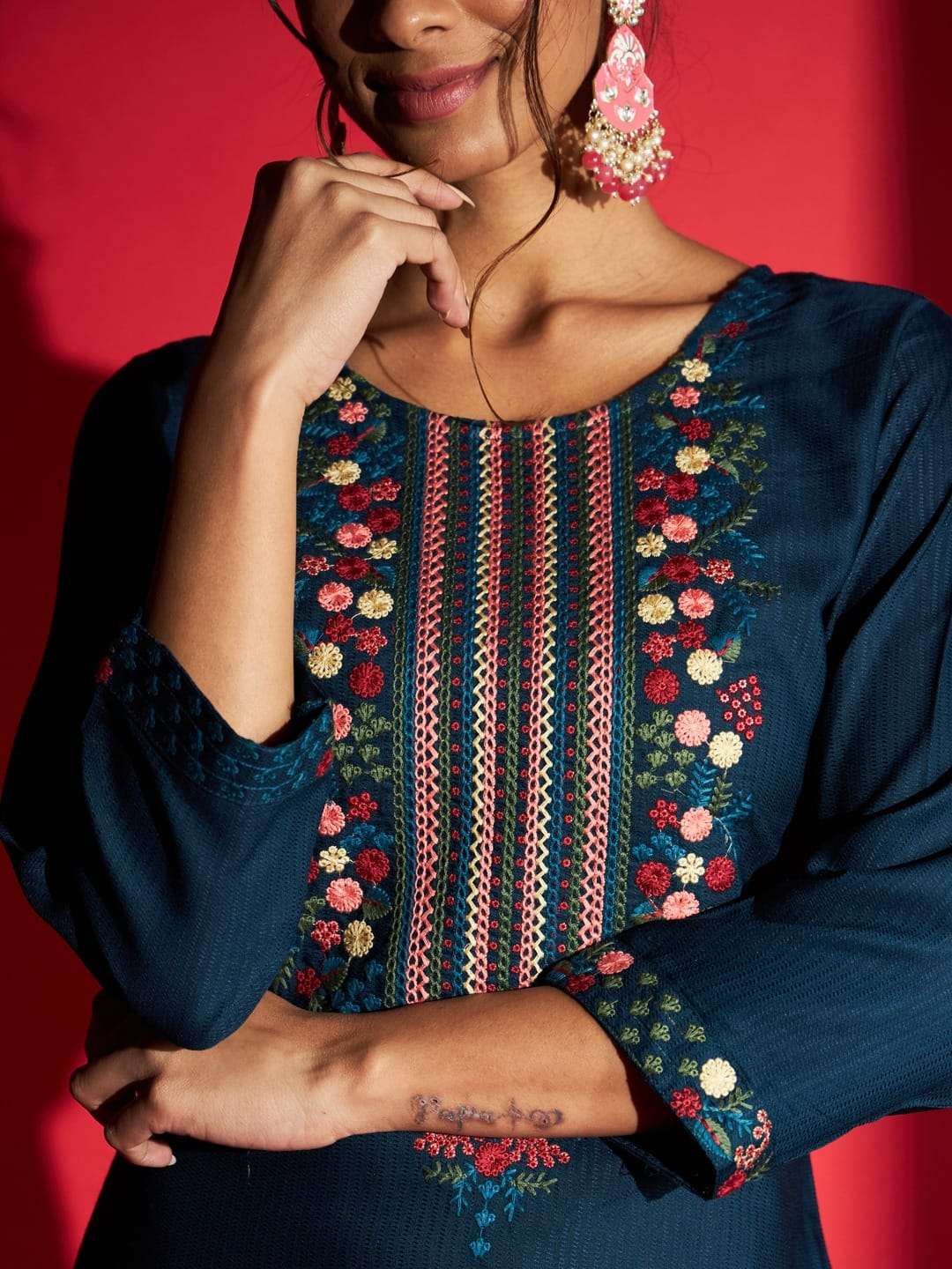  VOL-404- Petrol COLOUR Women Embroidered Viscose Rayon Kurta Set