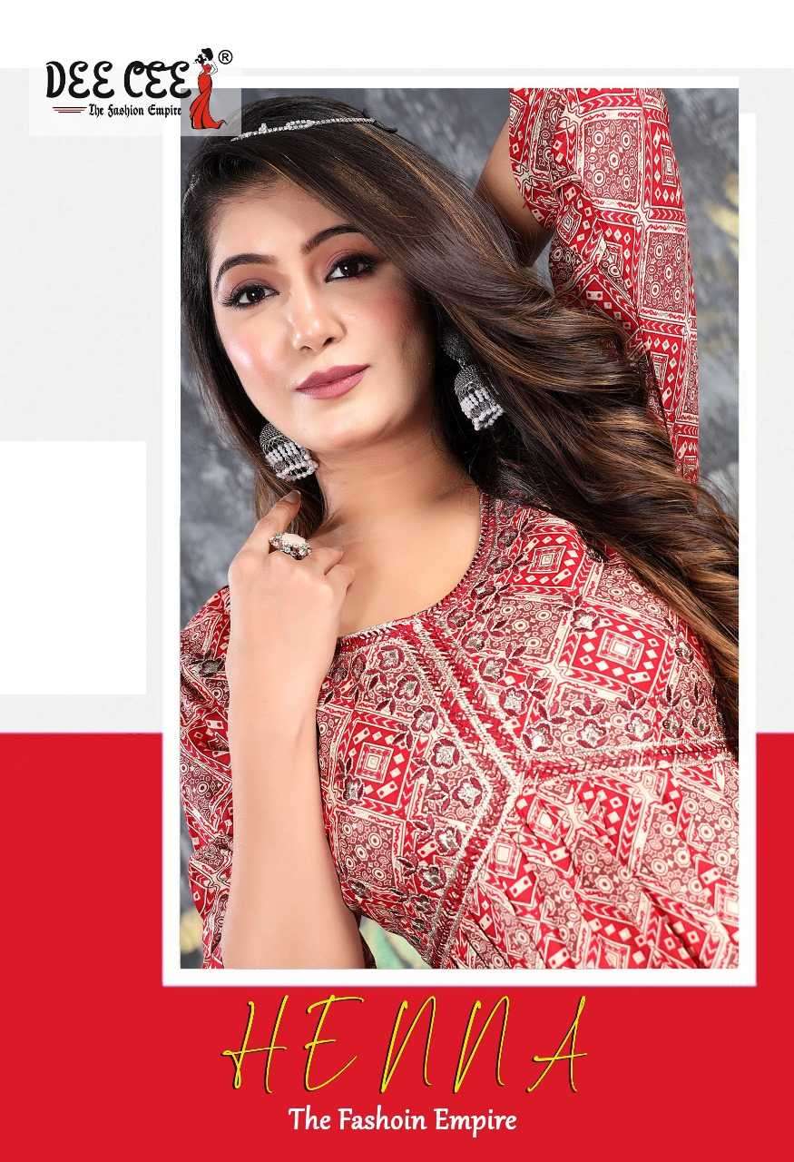 dee cee henna series 101-106 rayon foil print kurti 