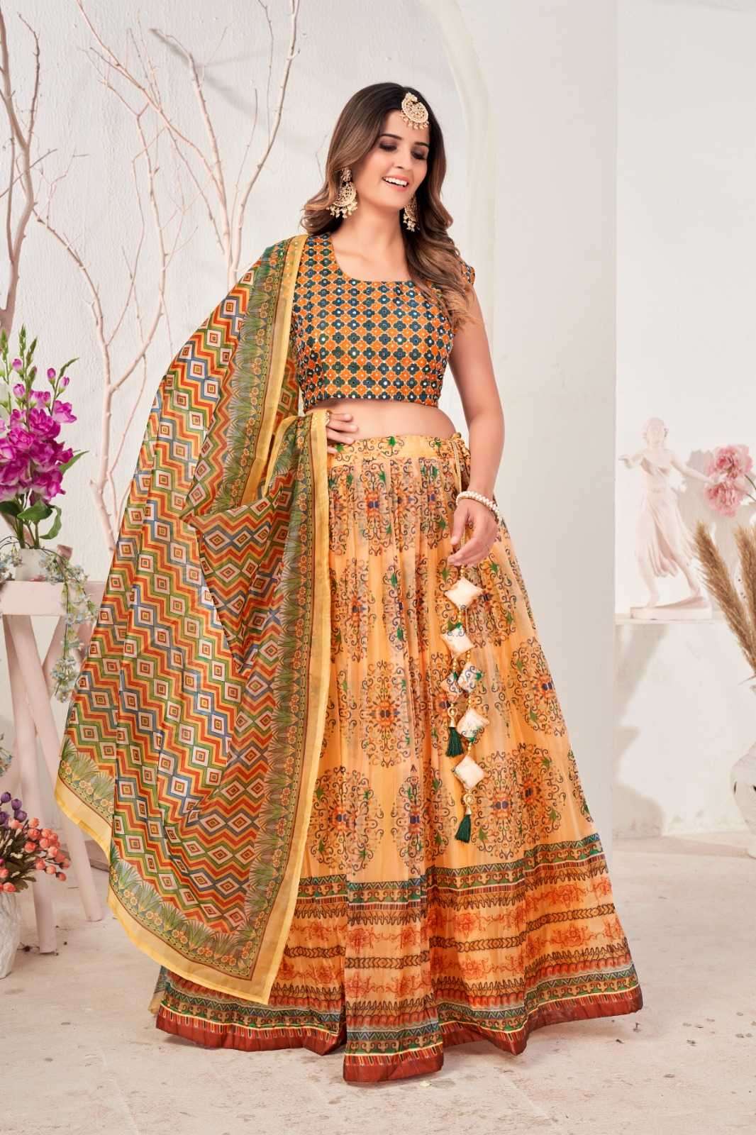 pr c 10568 designer wedding wear readymade mirror work crop top lehenga