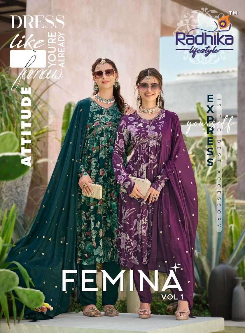 radhika lifestyle femina vol 1 series 1001-1006 pure heavy chinon suit 