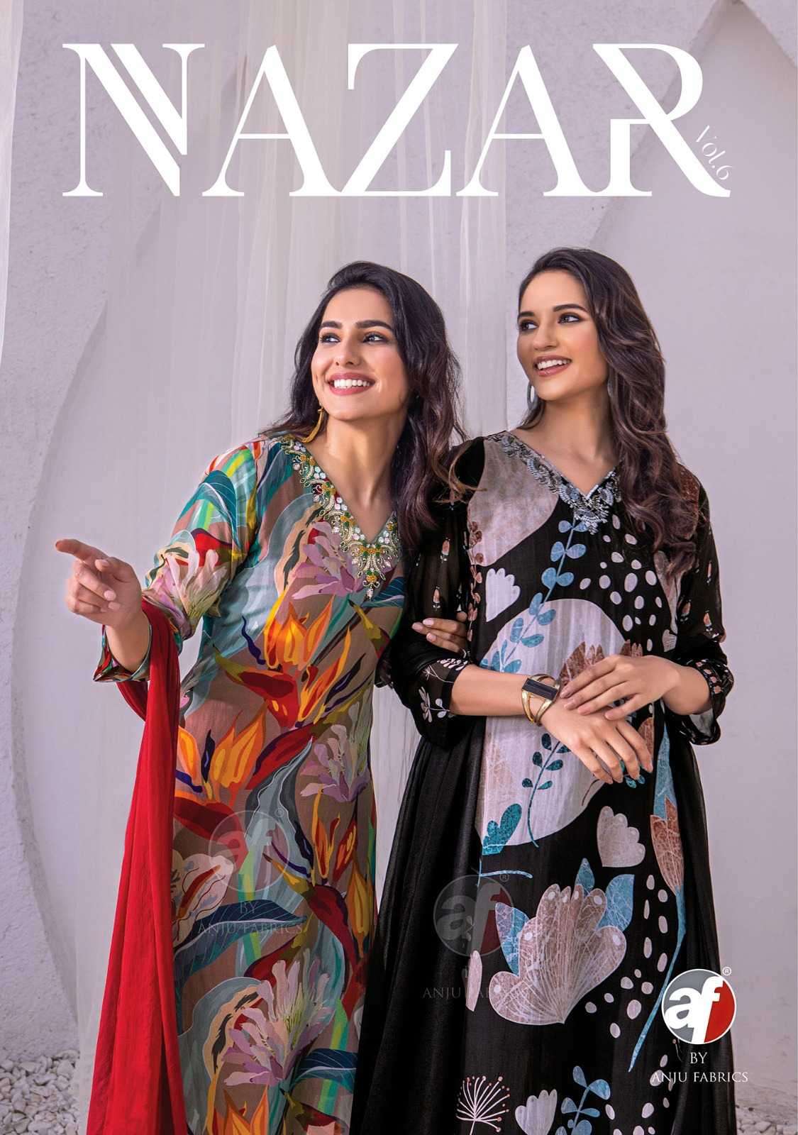 anju fab nazar vol 6 series 3601-3606 pure viscose organza readymade suit 