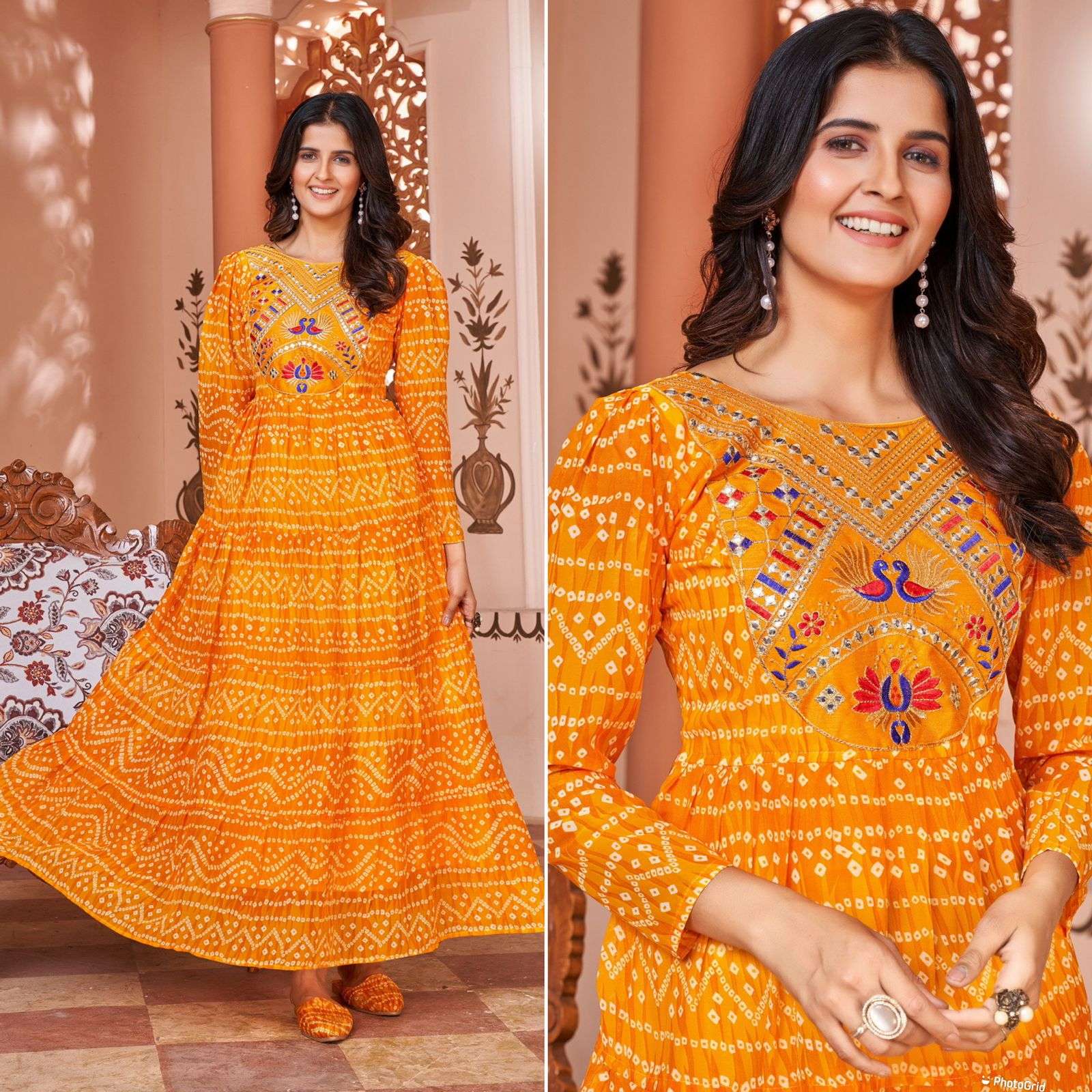 Lehariya Long Frill Layered Gown with heavy Embroidery Work a