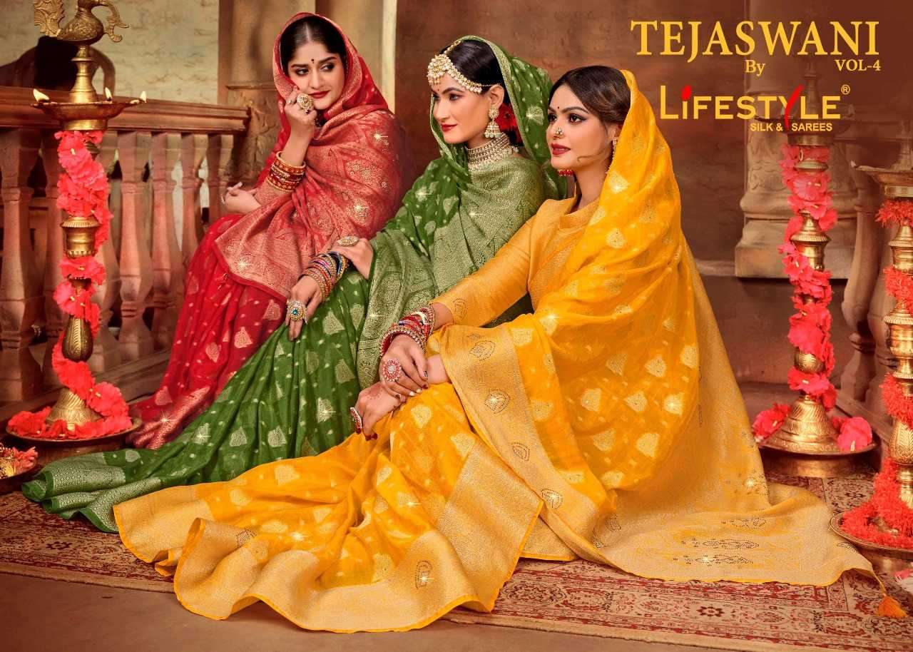 lifestyle tejaswani vol 4 series 25011-25014 nylon simmer chiffon saree