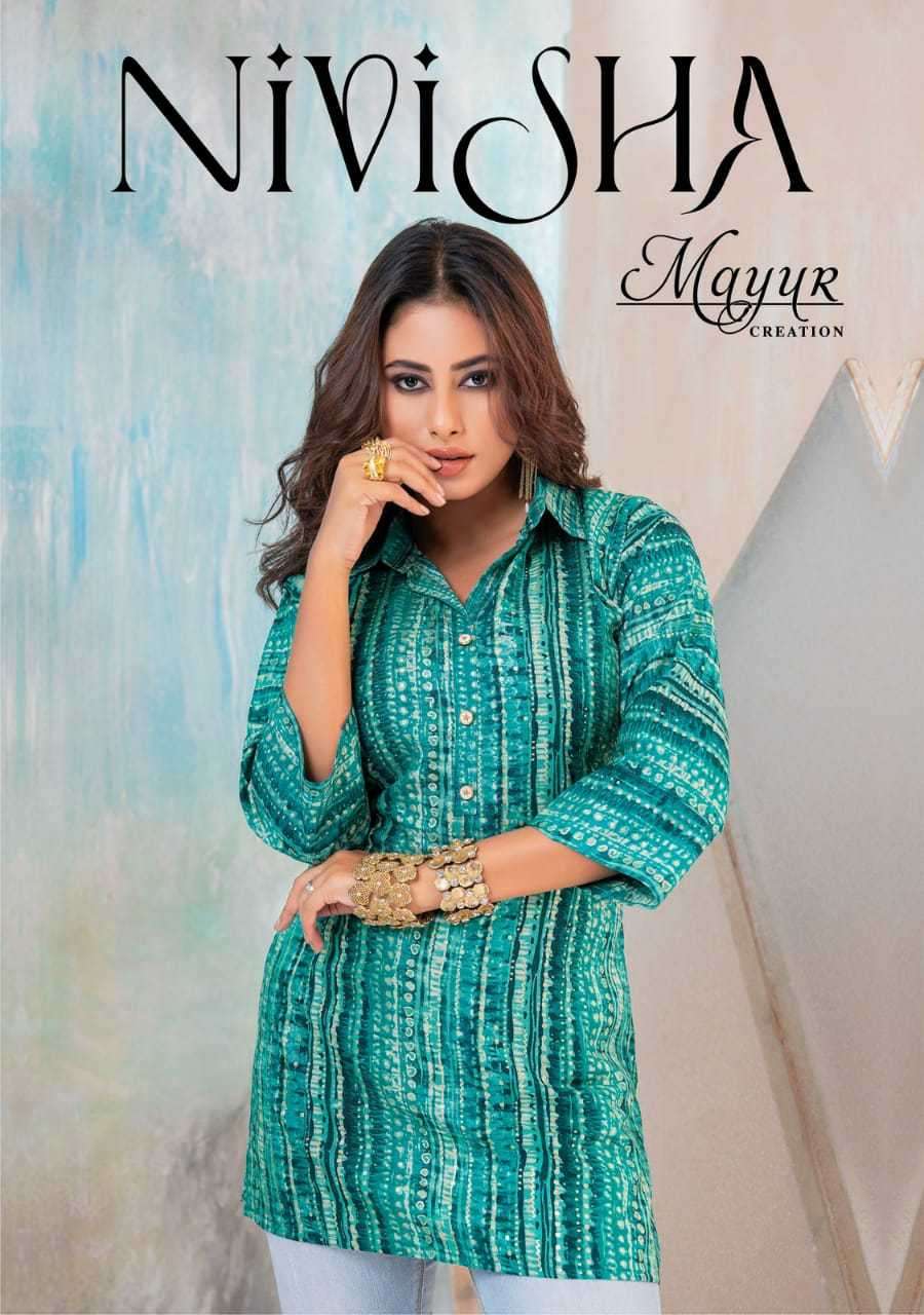 mayur creation nivisha Heavy Reyon Print Tunic top with foil prints             