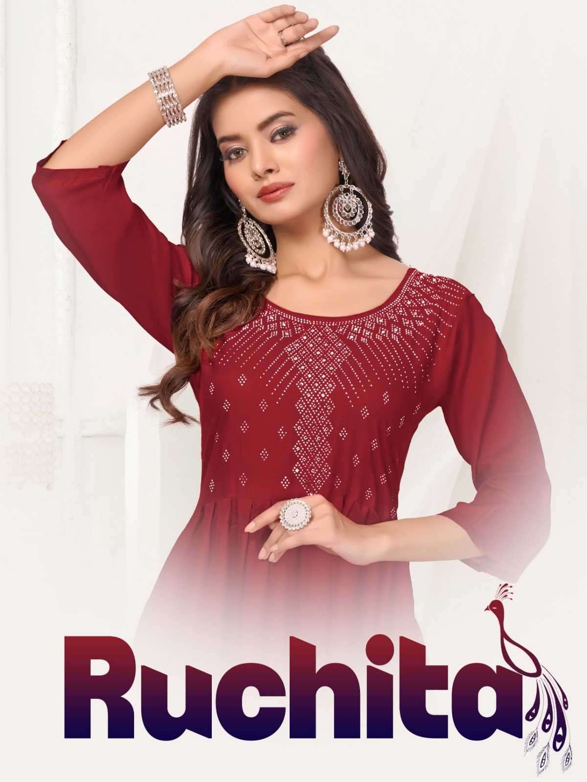 peacock ruchita series 101-106 heavy rayon kurti 