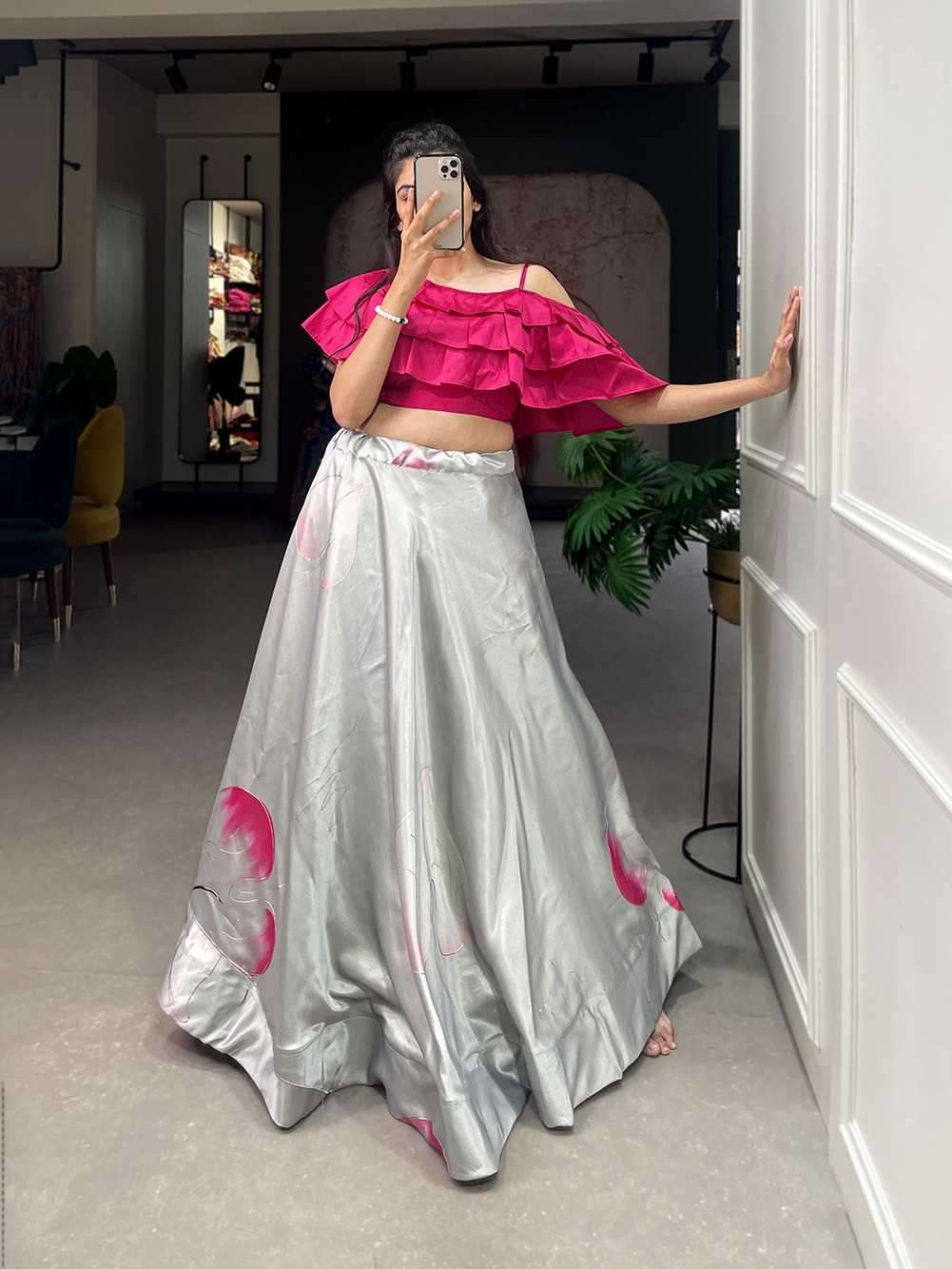 pr nnk1102gry occasion wear readymade crop top with skirt single design