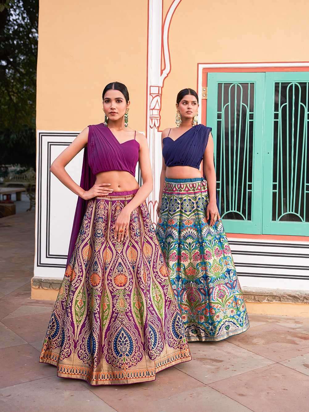 pr nnk2046 fancy semistitch banarasi silk lehenga with stitched blouse