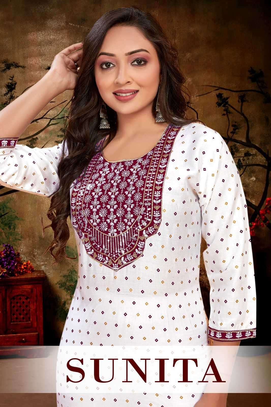 pr sunita series 1001-1006 rayon foil gold print kurti 