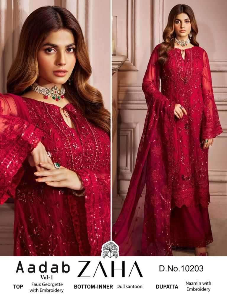 zaha aadab vol-1 10203 georgette heavy embroidered suit 