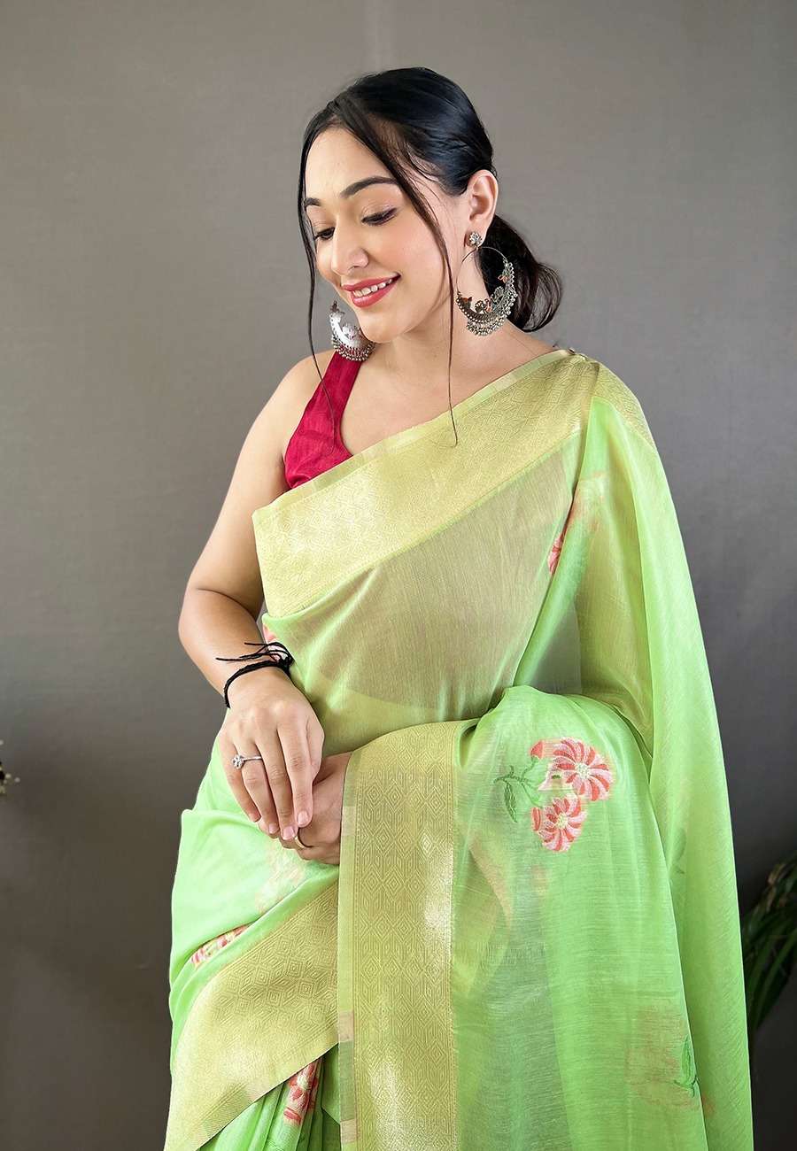 BT-53 cotton Flower designer Pure linen fabric saree