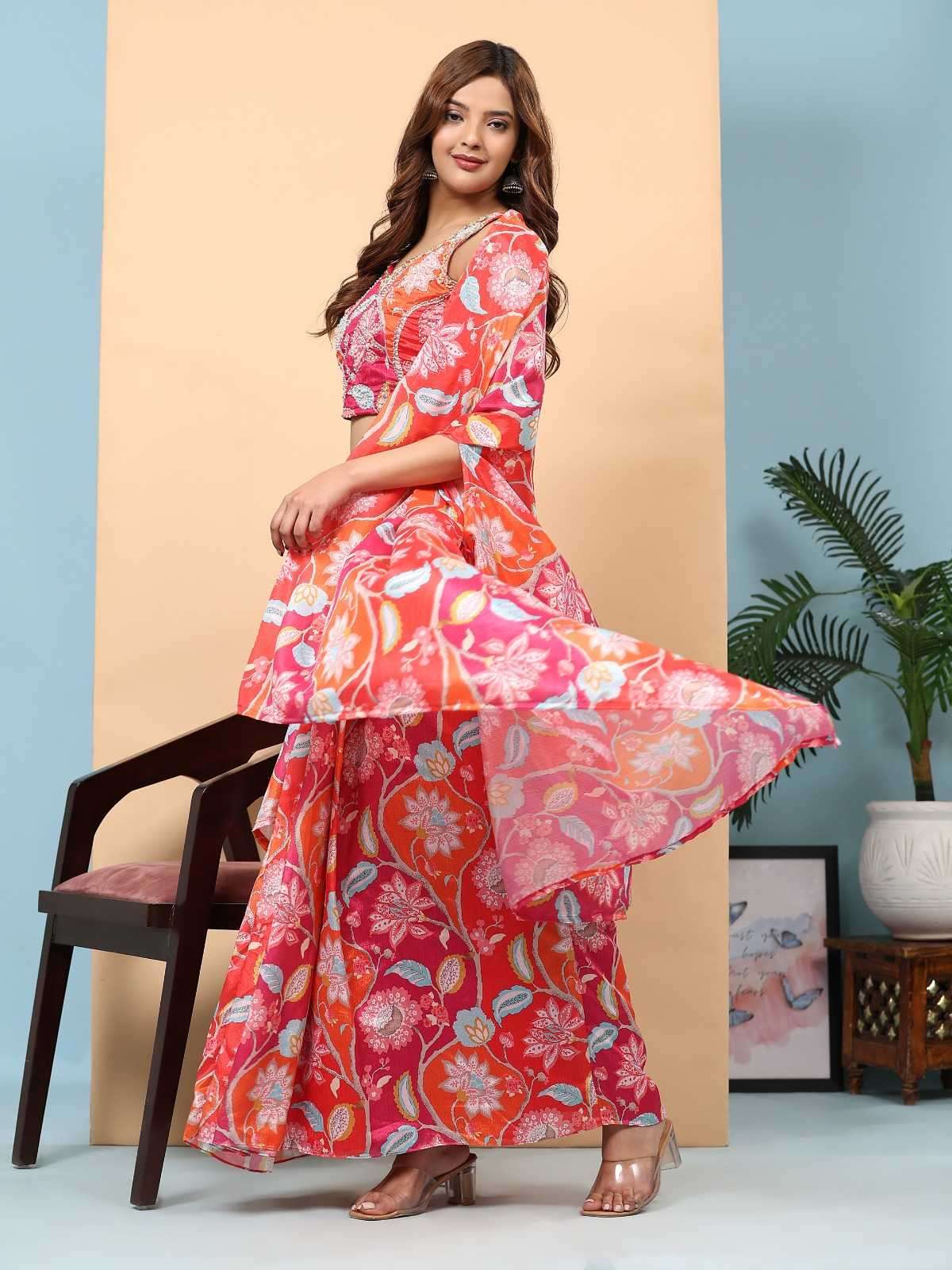 pr c333 pure chinon indo western readymade skirt top with shrug