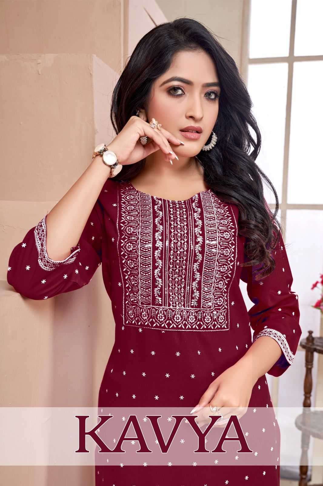 pr kavya series 1001-1006 rayon ladies kurti in plus sizes