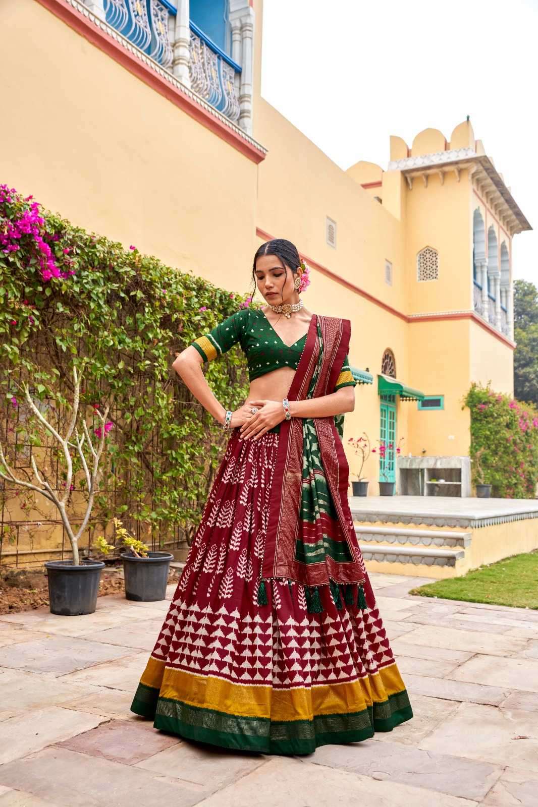 pr lnb1200 Tussar Silk Print With Foil Work lehenga 