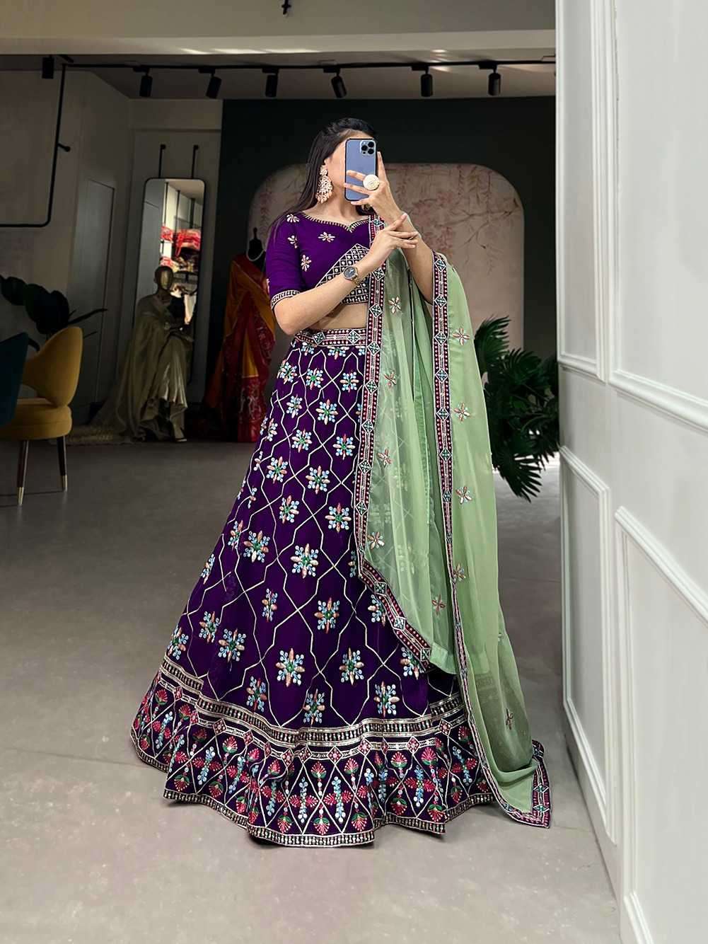 pr lnb1700 Georgette lehenga Sequins and Thread Embroidery Work