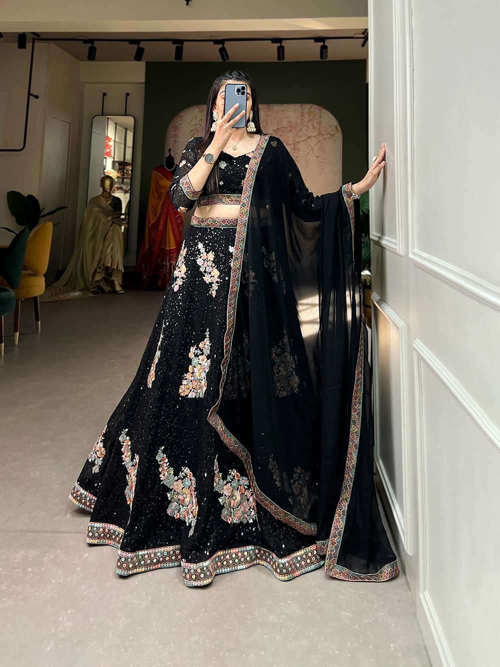 pr lnb1803blk beautiful party wear stitch lehenag with unstitch blouse dupatta 