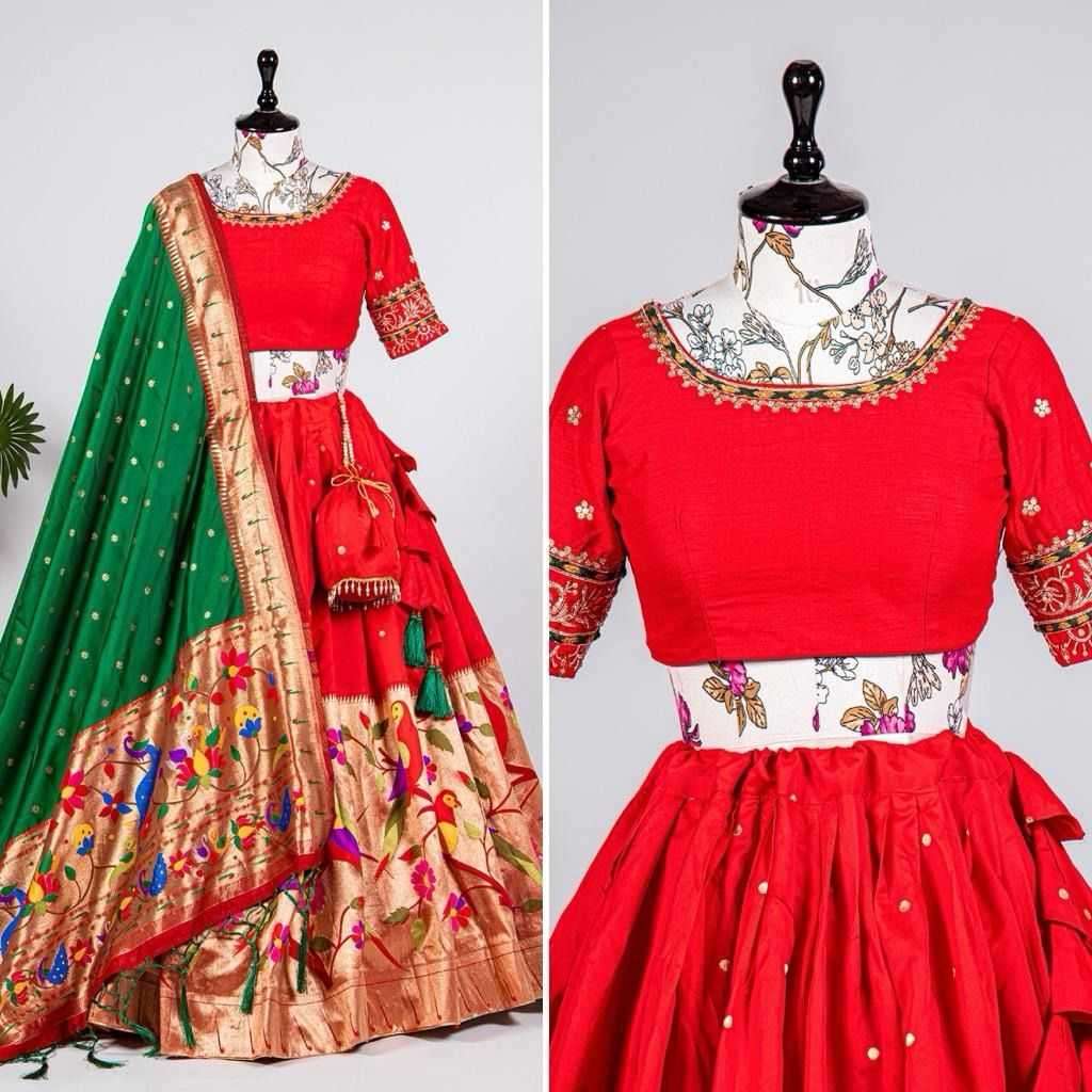 pr lnb2035red paithani silk beautiful stitch lehenga with unstitch blouse dupatta