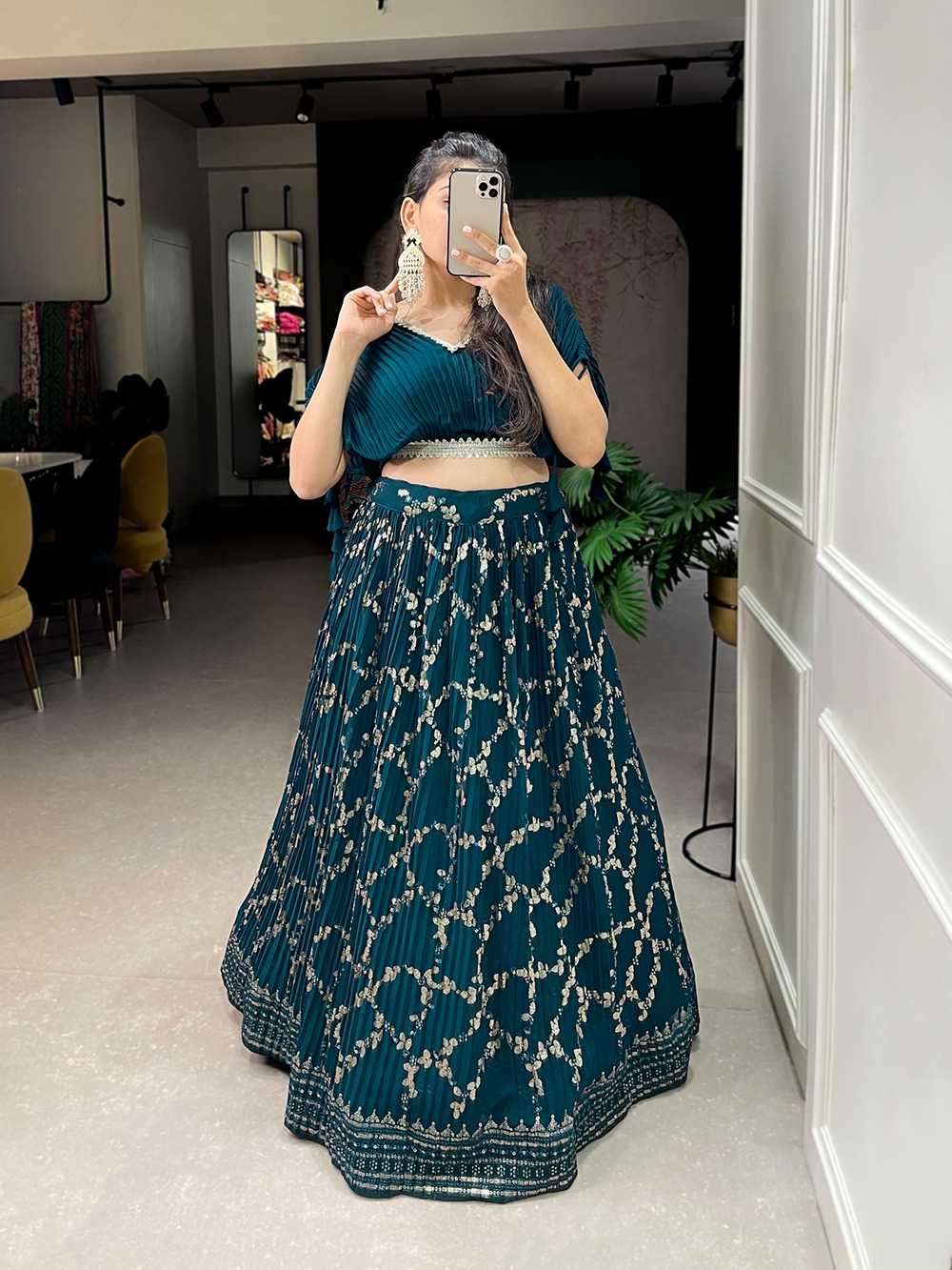 pr nnk1100tel Crushed georgette Sequins and thread embroidery Work lehenga