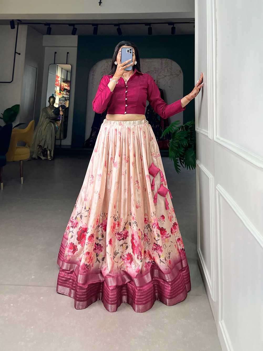 pr nnk1106 Dola Silk lehenga Floral Print With Sequins and Zari Border 