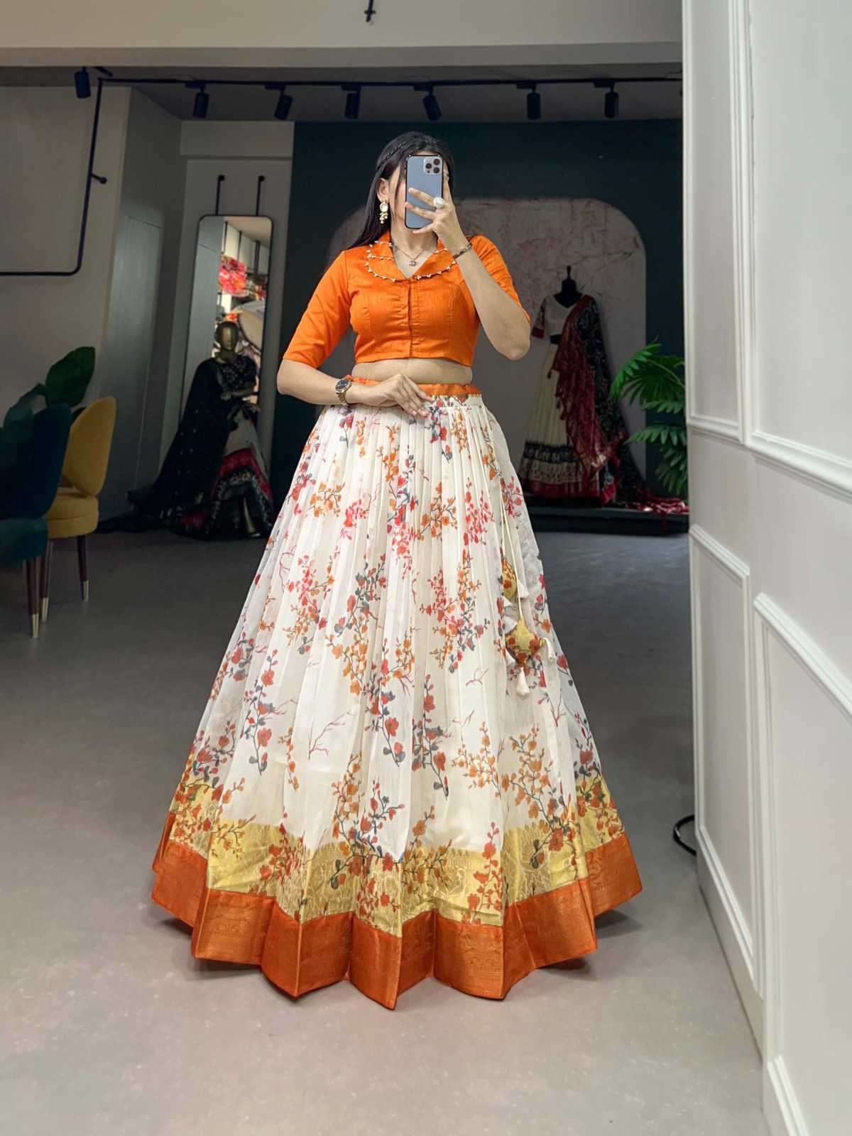 pr nnk1108ong Soft Cotton loral Print Zari Weaving Border  coord set lehenga 
