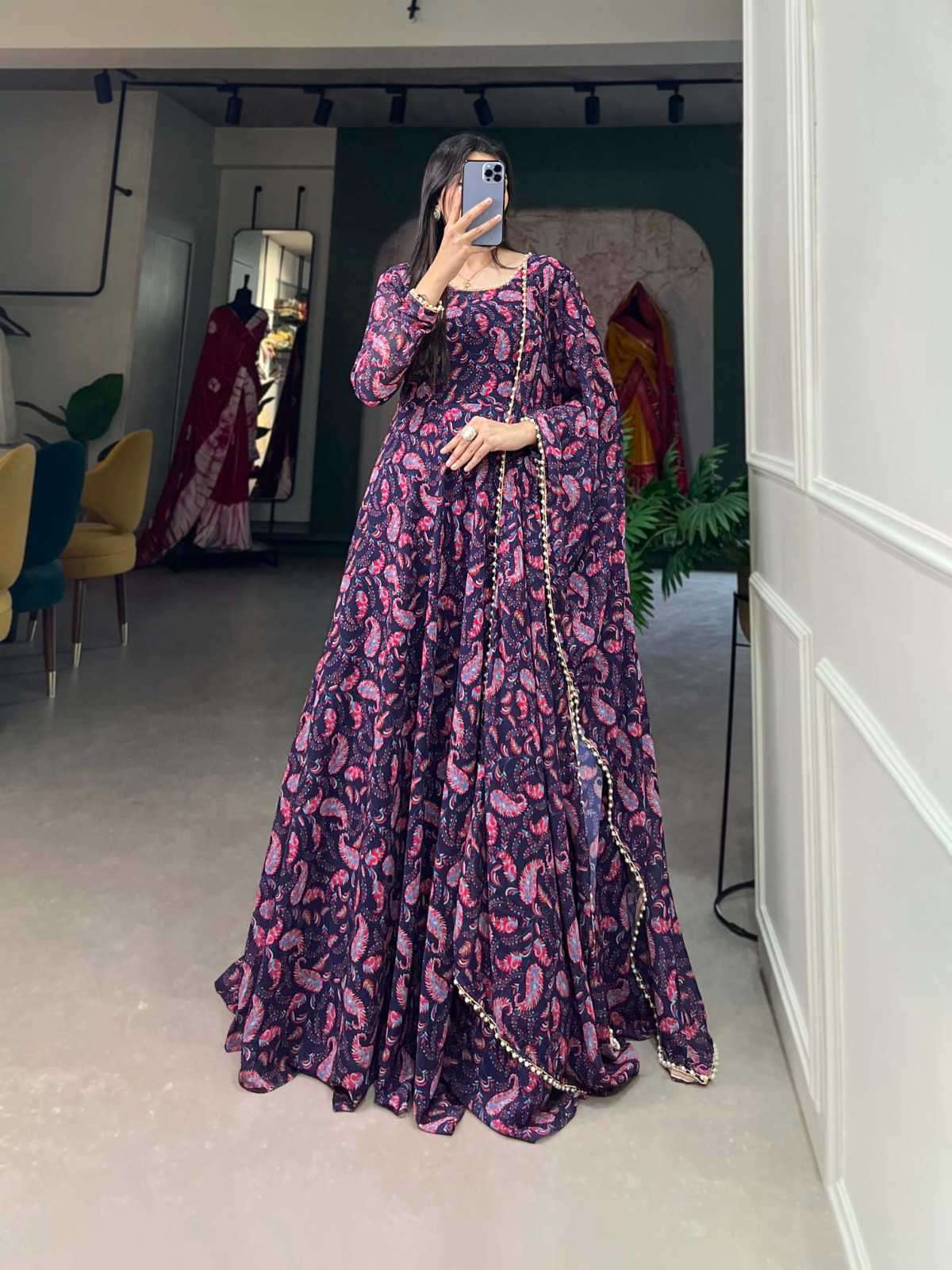 pr ynf5008 Georgette Floral Print gown with dupatta