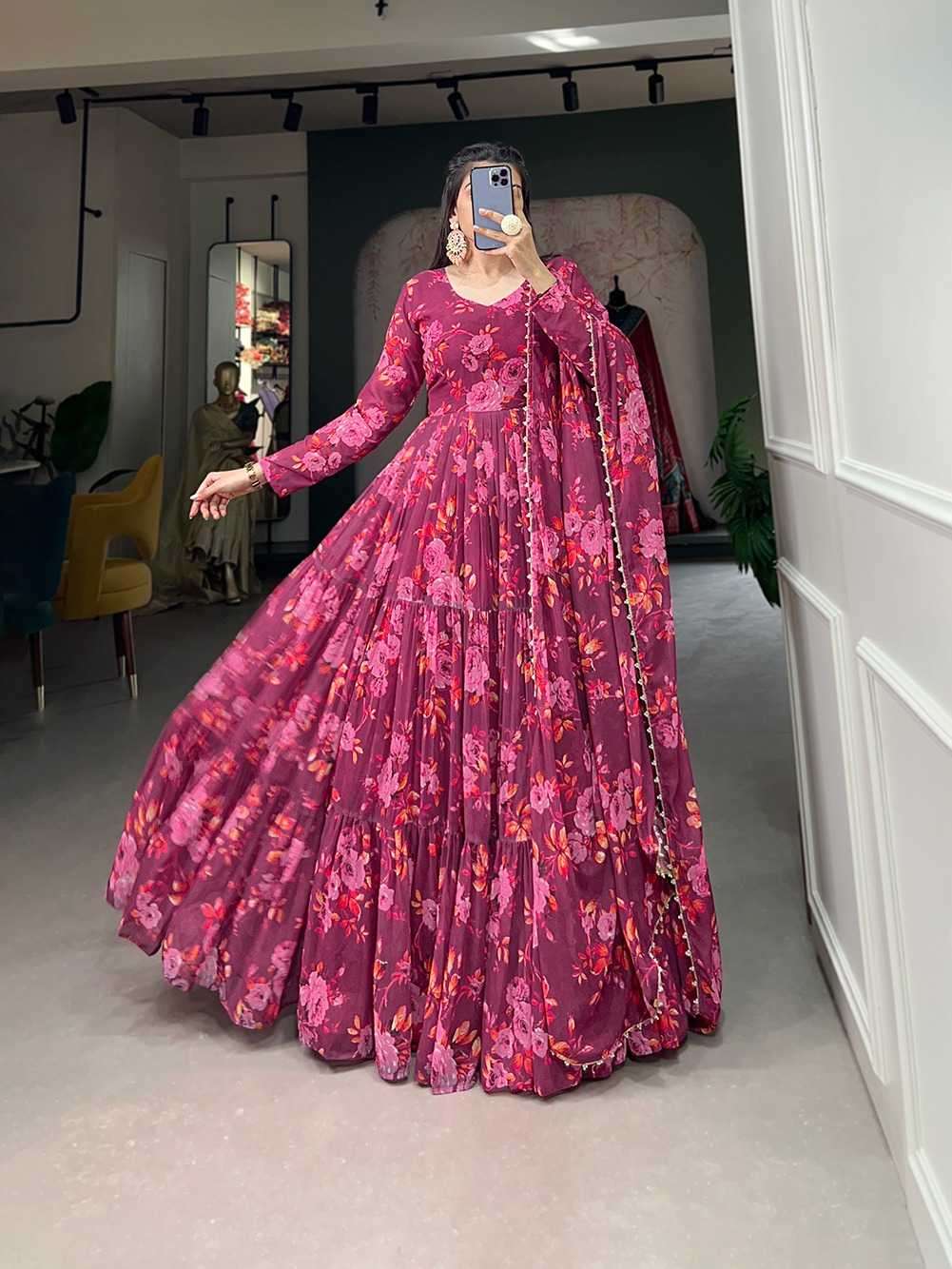 pr ynf5024pnk single design readymade flower print fancy long gown 