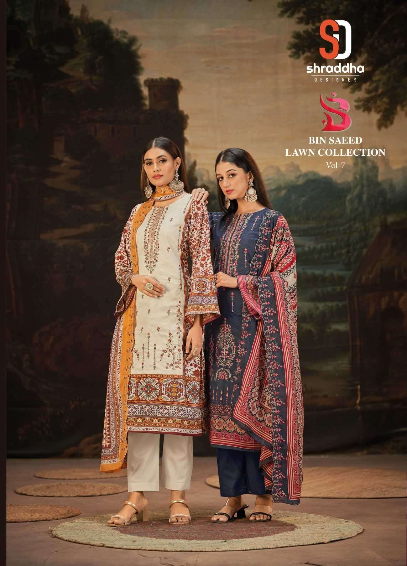 shraddha bin saeed lawn vol 7 series 7001-7008 pure cotton suit 