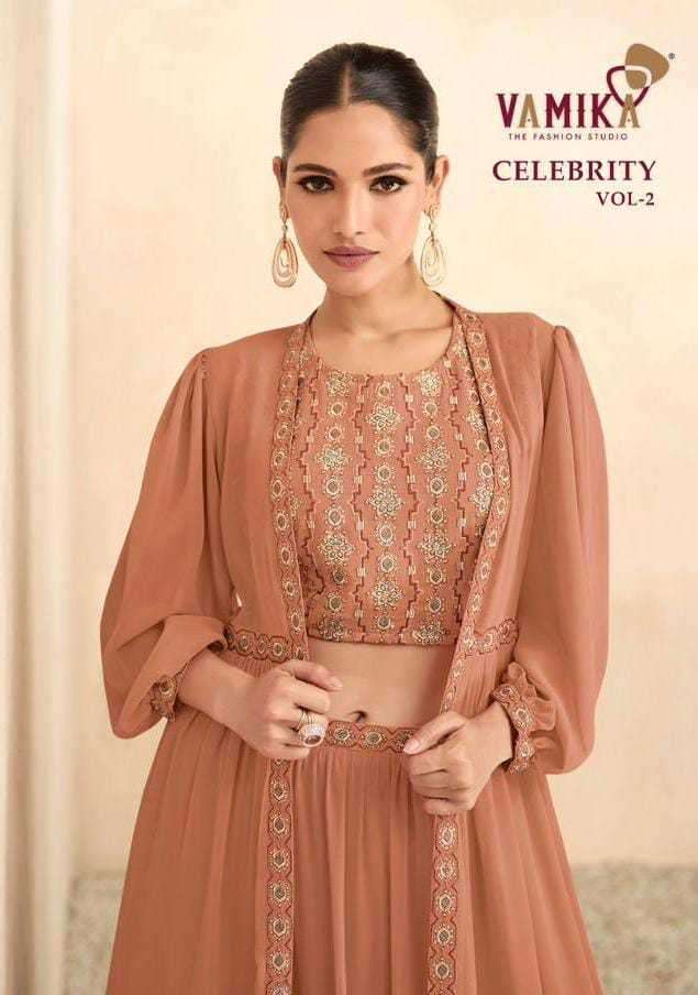 vamika celebrity vol 2 series 607 pure bsy fiona long shrug with lehenga choli