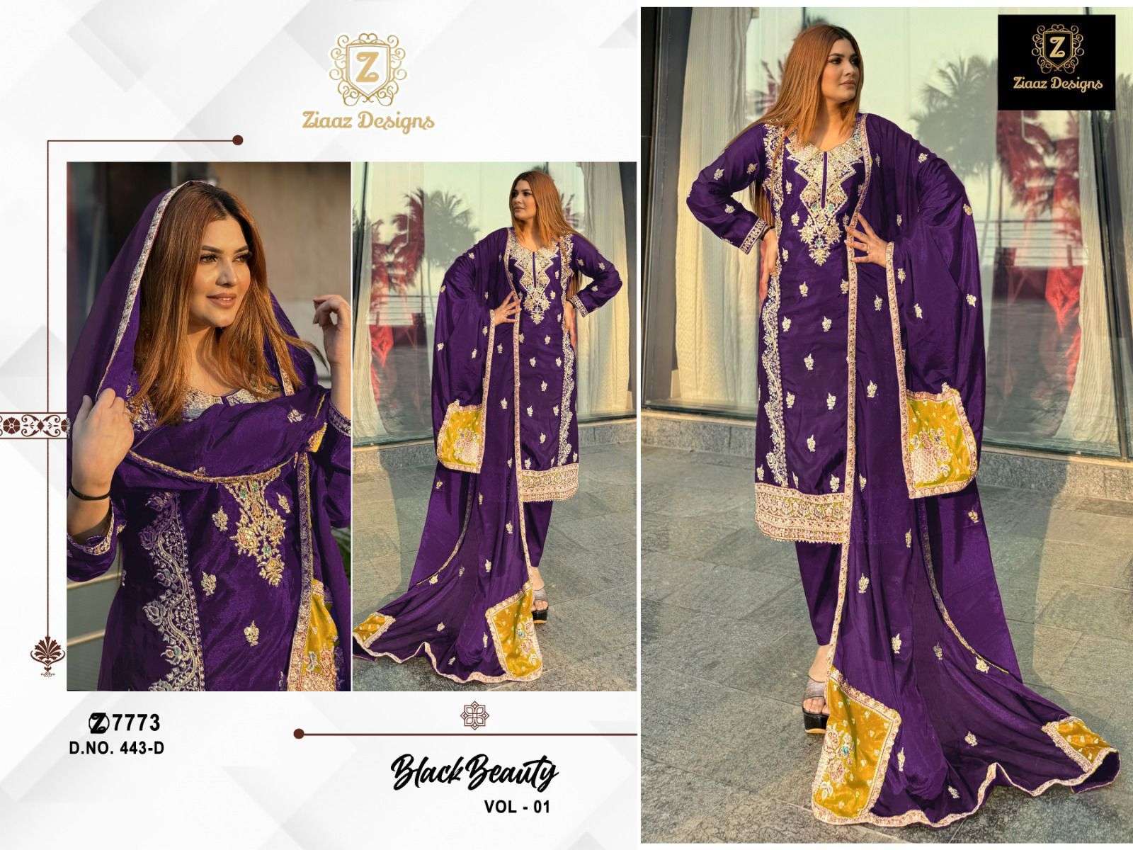 Ziaaz designs 443 vol 2 designer chinon suit