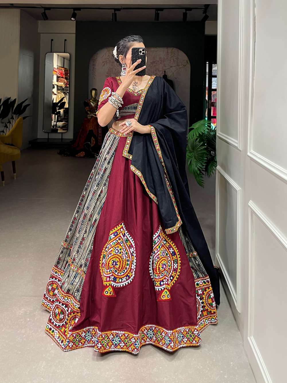 Adorning finely Pure Cotton gamthi work and mirror work chaniya choli 