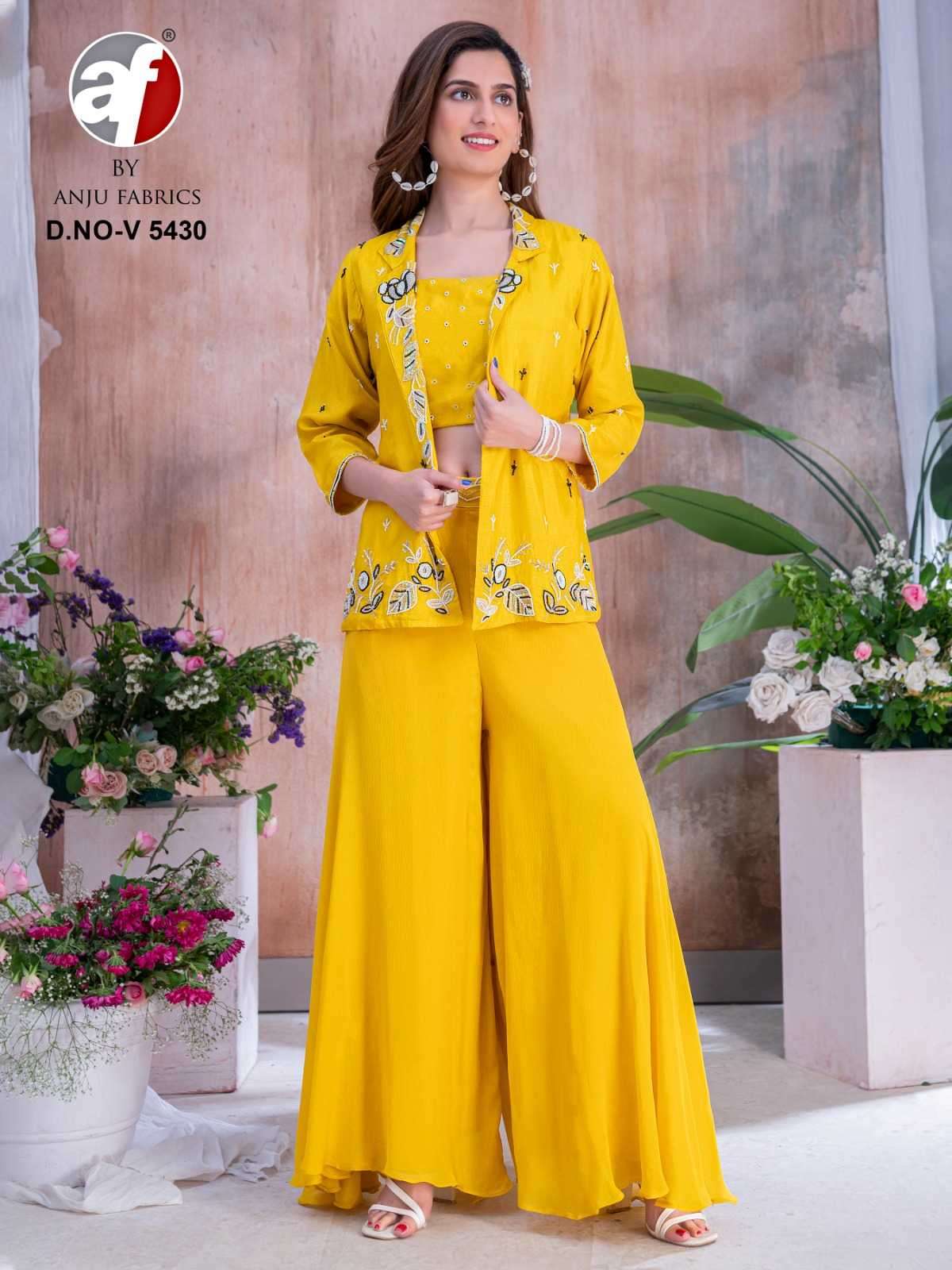 anju fab 5430 pure dola silk readymade flair plazo top with jacket