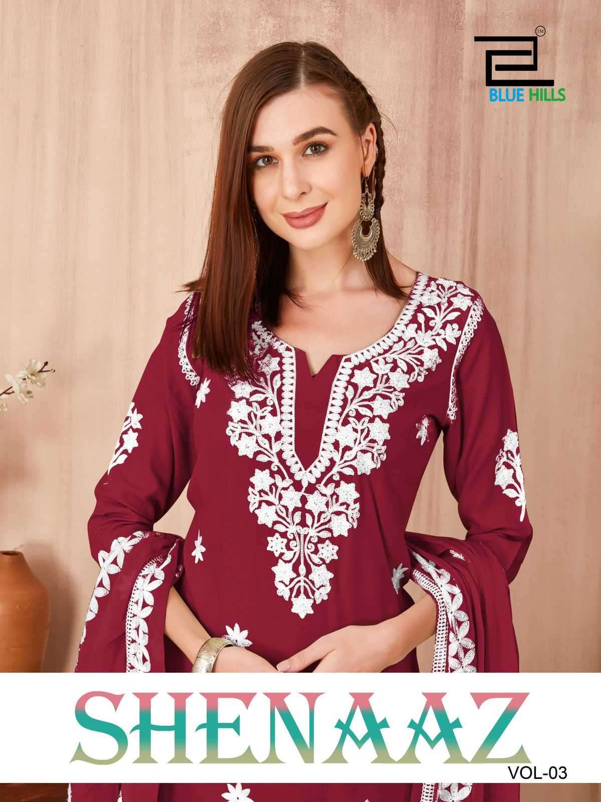 blue hills shenaaz vol 3 series 301-304 14 kg Rayon with work readymade suit 