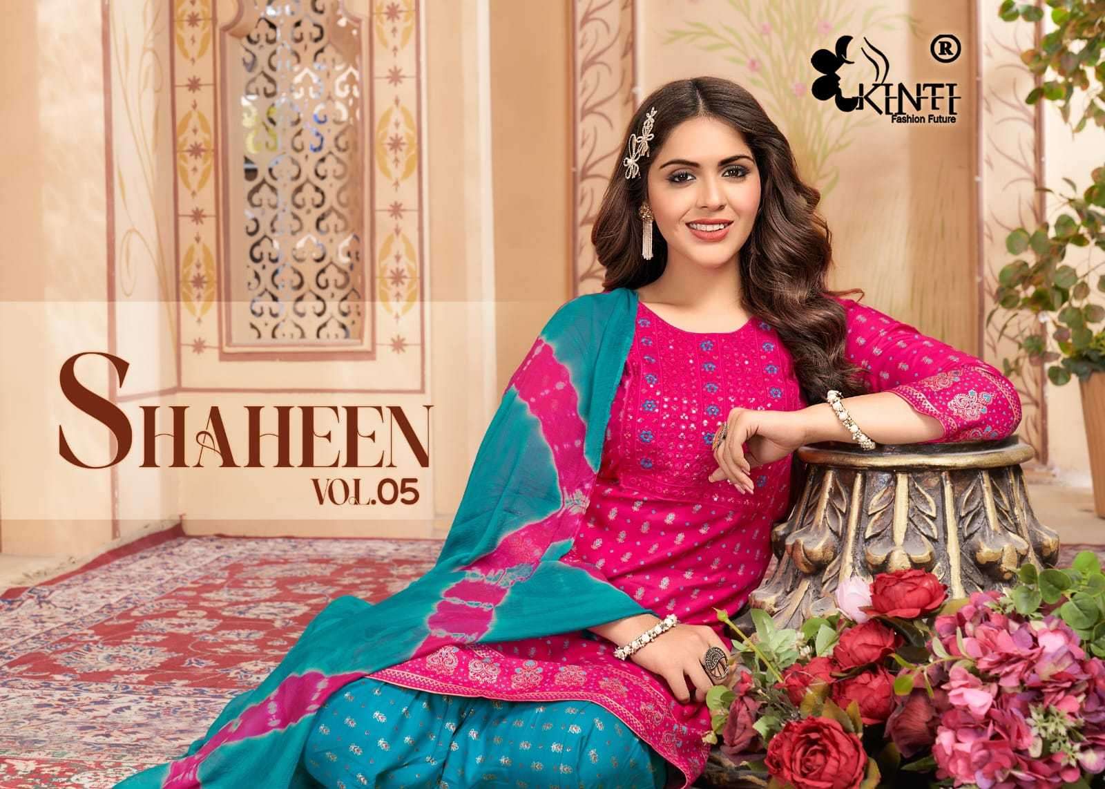 kinti shaheen vol 5 series 501-506 Reyon 14kg Foil print sharara suit 