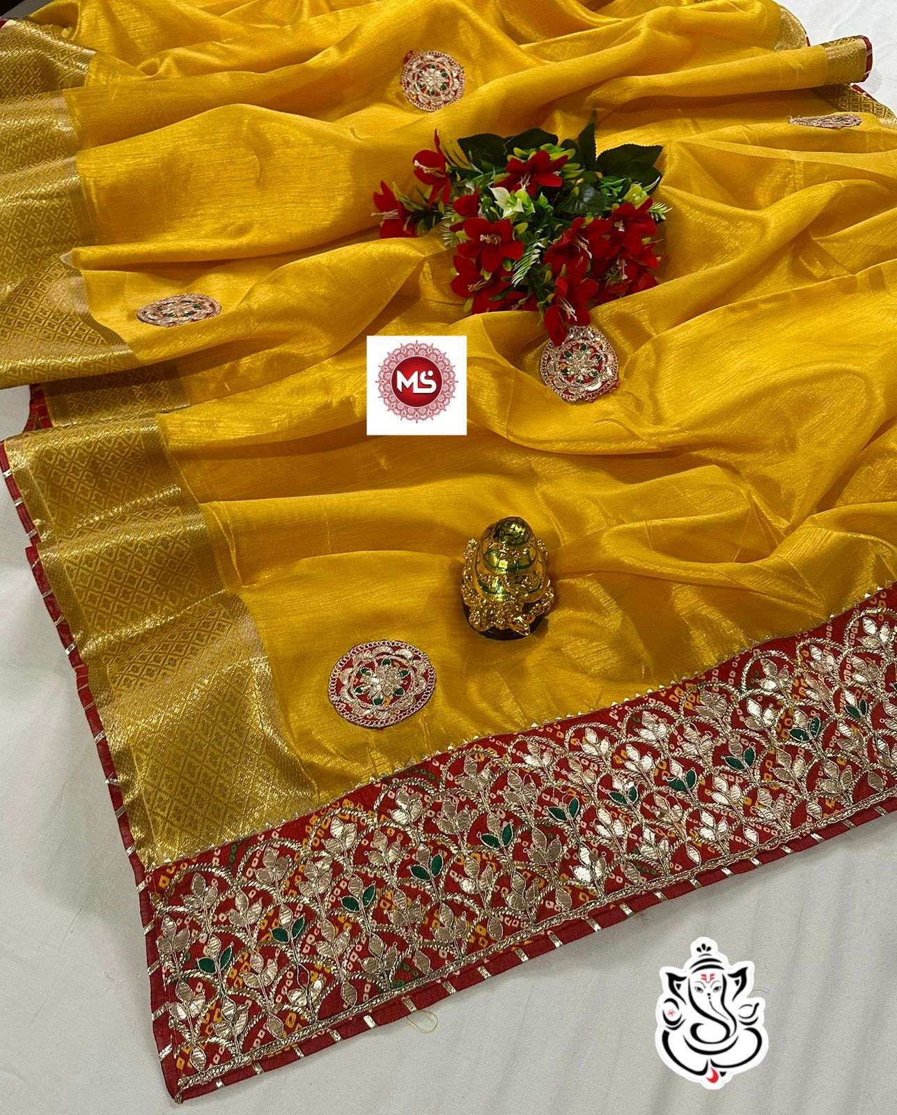 MS BRAND YELLOW bhandhini Pure crsytal cotton saree