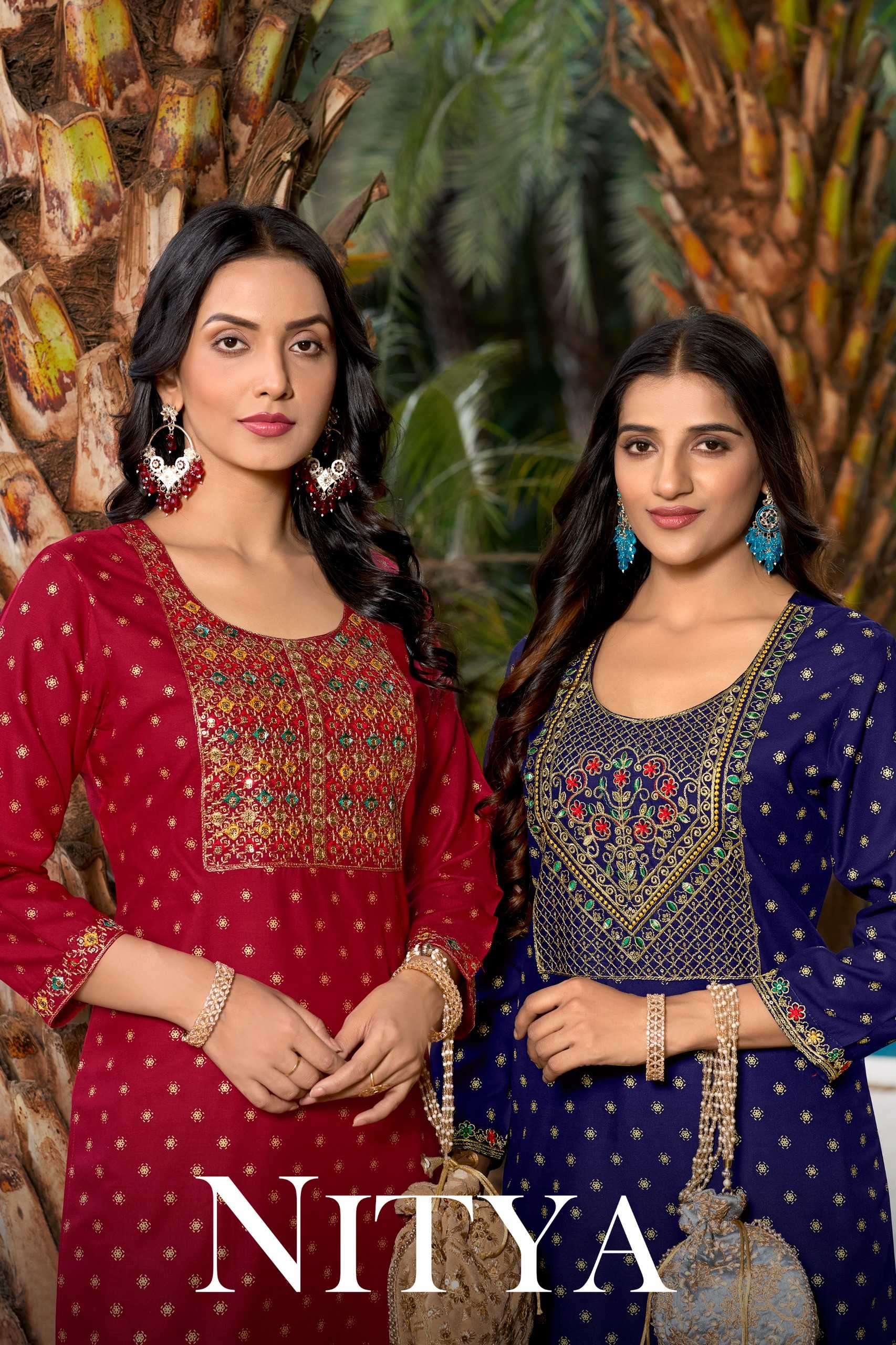 mukesh nitya series 1001-1006 rayon gold print kurti 