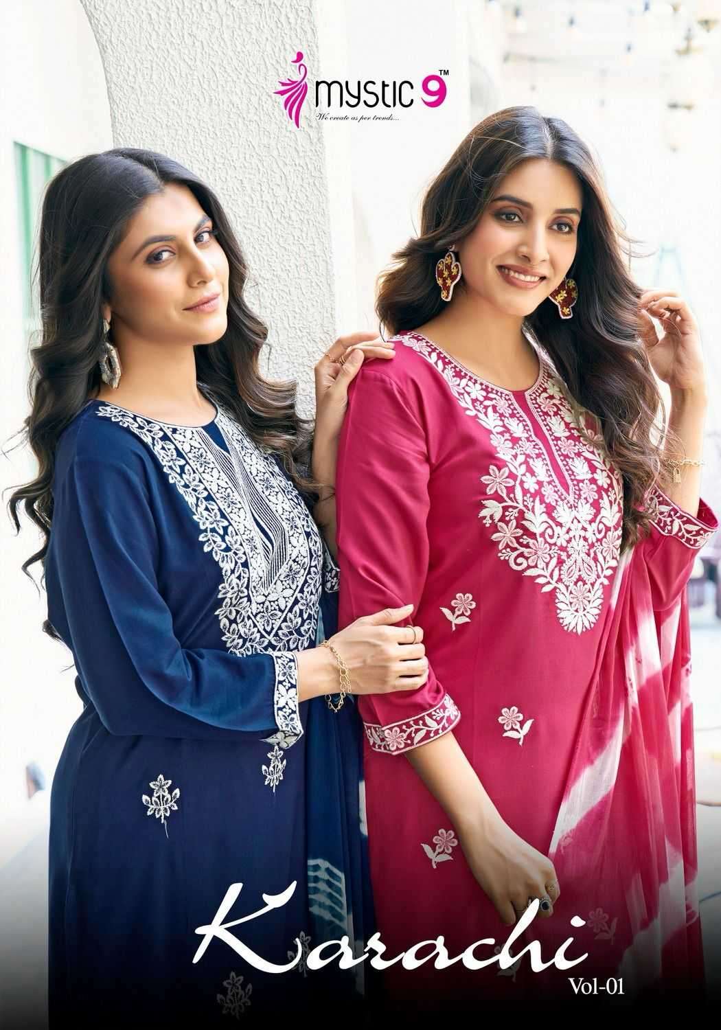 mystic9 karachi vol 1 series 1001-1008 fancy rayon readymade suit 