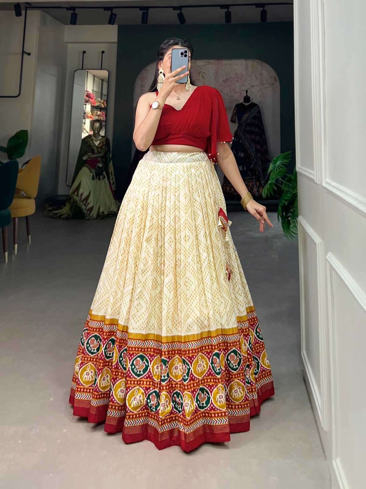 pr nnk1101 Tussar Silk Bandhej And Patola Print With Foil Work crop top and lehenga