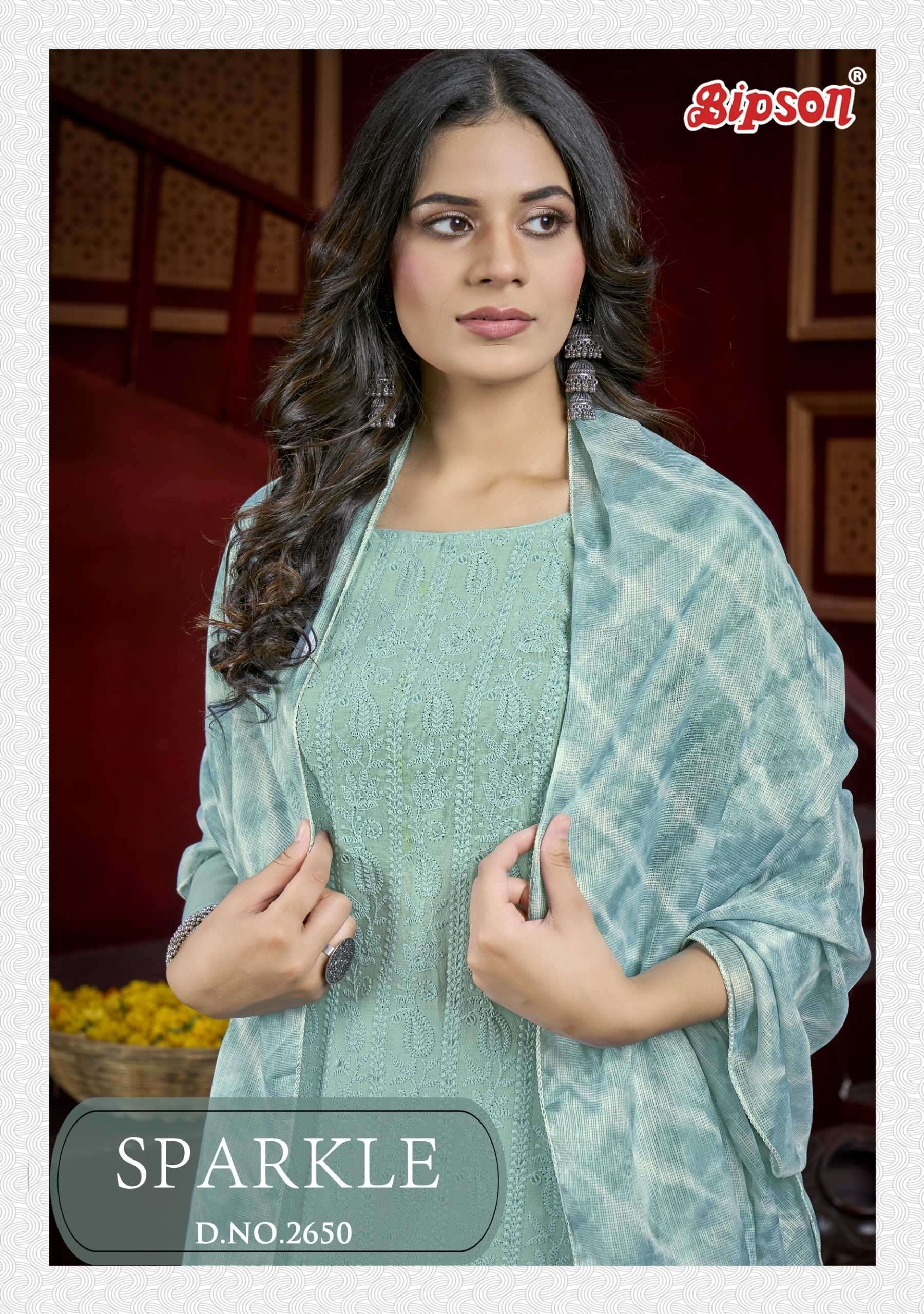 bipson prints 2650 Pure Cotton Sequence Schiffli With Lace Work suit