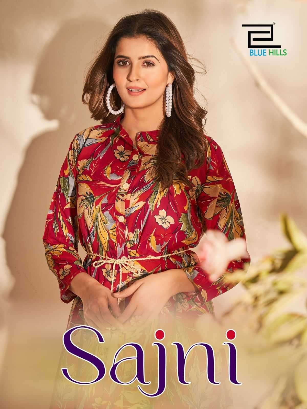 blue hills sajni series 1001-1006 14 kg rayon print  With Dori belt gown