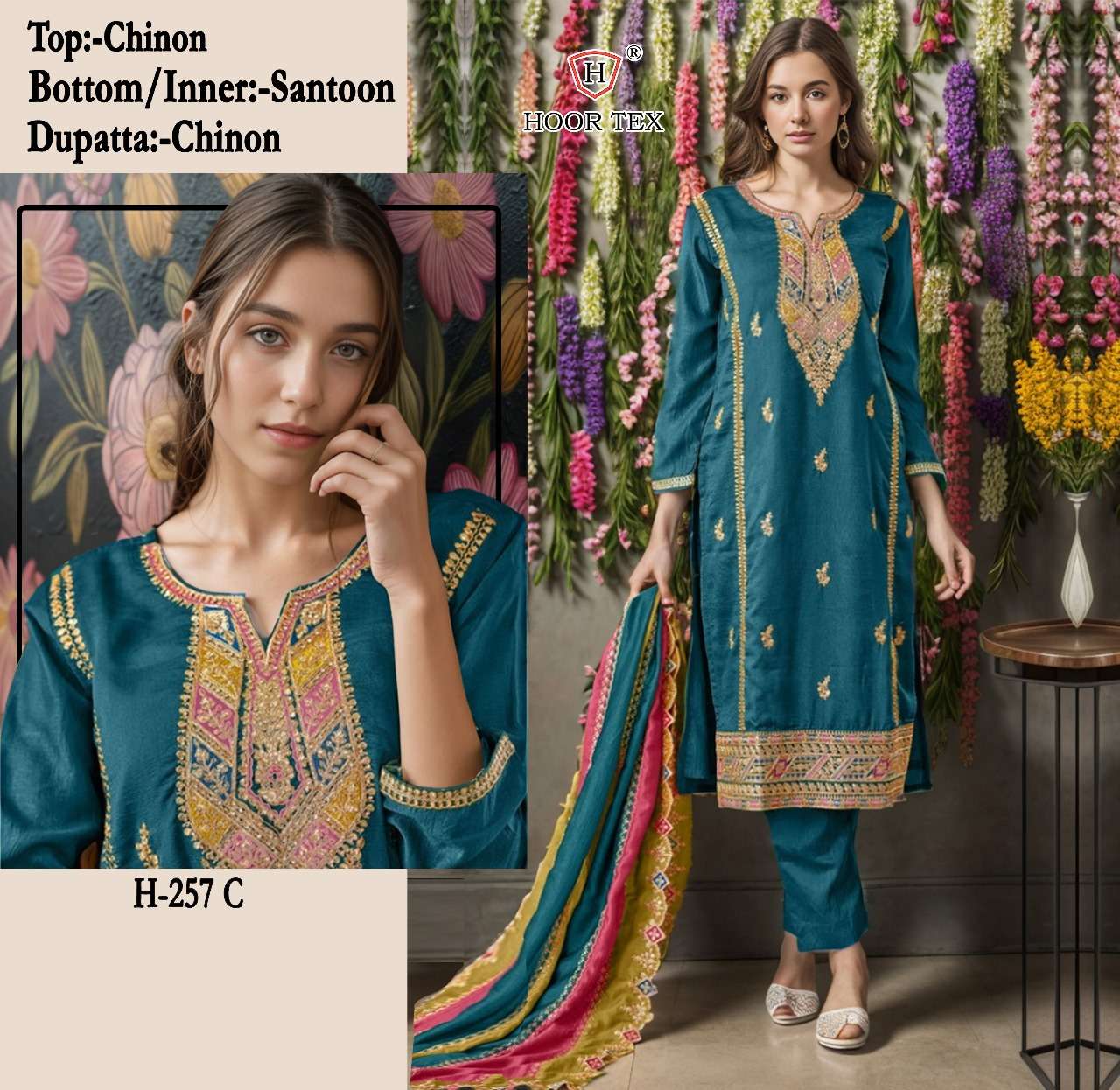 hoor tex  H-257 A To C designer heavy chinon suit 