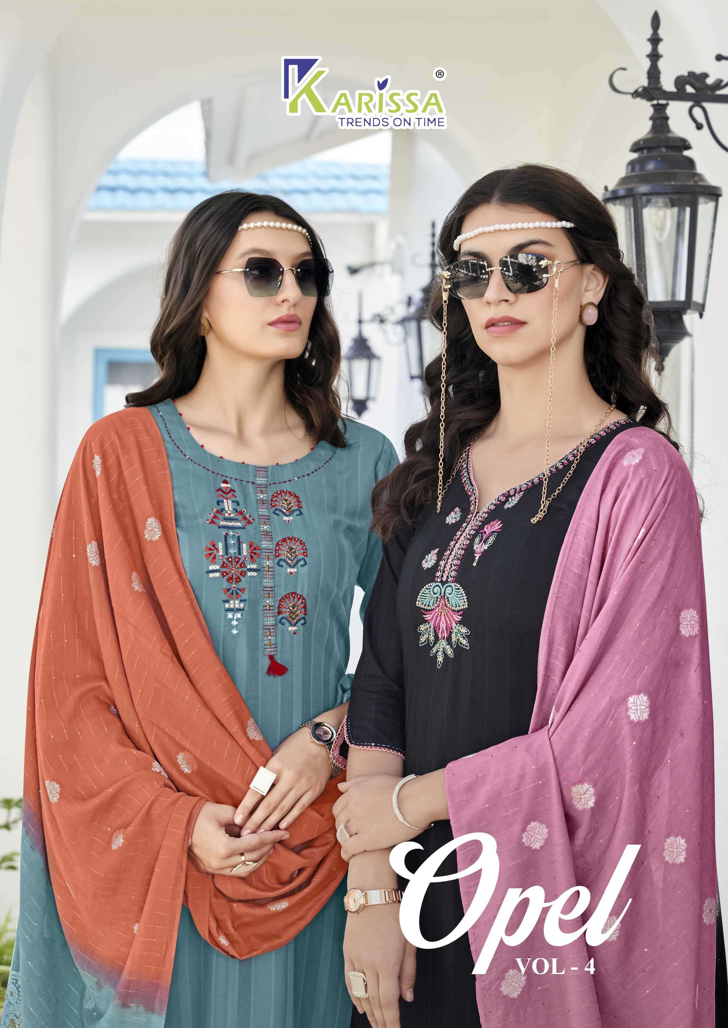 karissa opel vol 4 series 4001-4006 pure Viscose Rayon readymade suit 