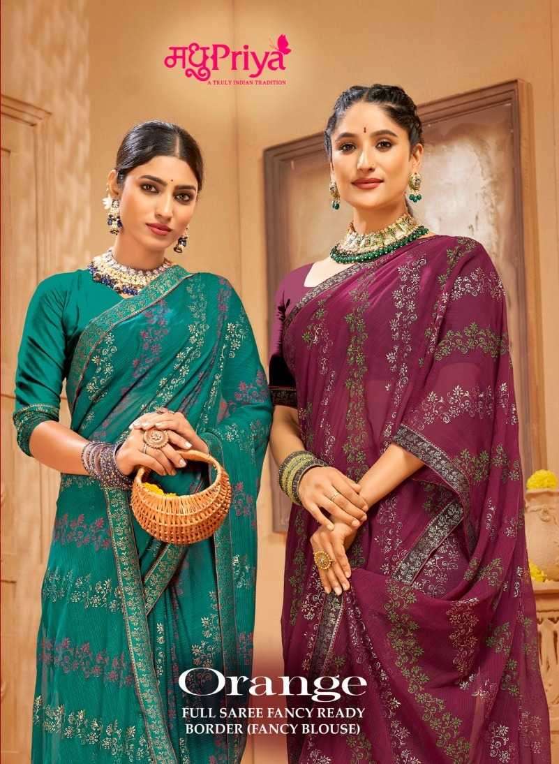 madhupriya orange series 1001-1008 zomato foil print saree