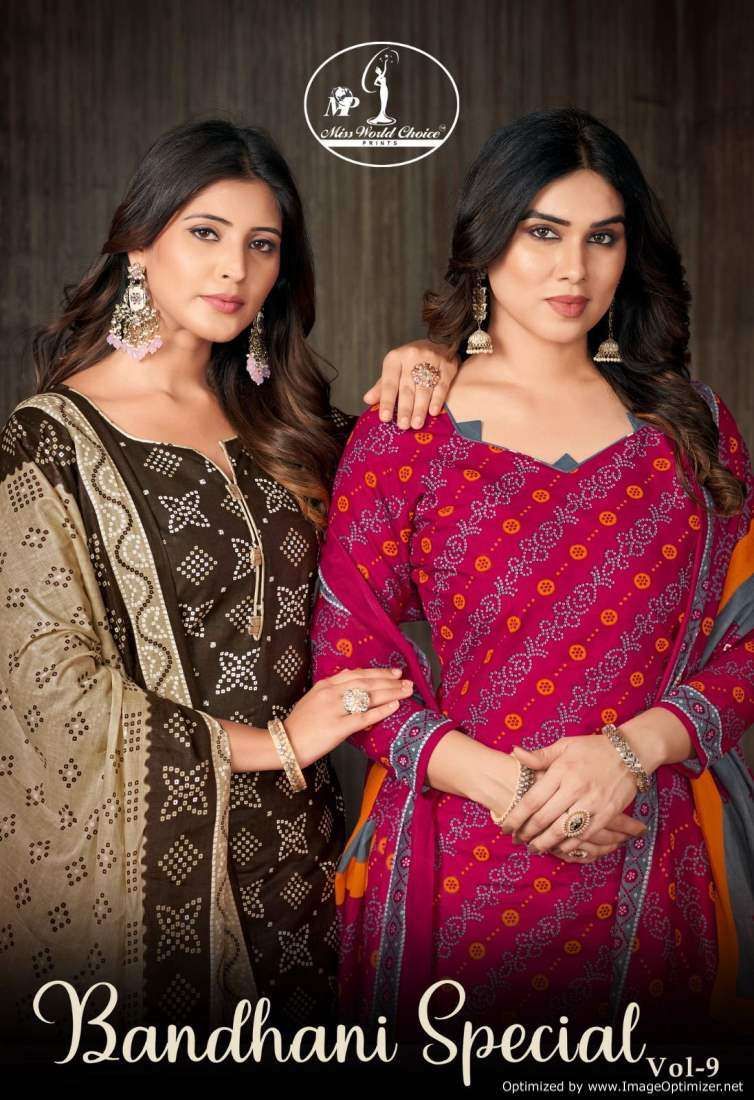 Miss World Bandhani Vol-9 series 9001-9010 Pure Cotton Printed suit