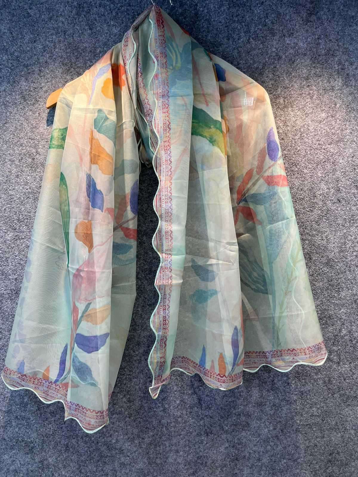 pr digital print amazing four side scallop border with organza dupatta