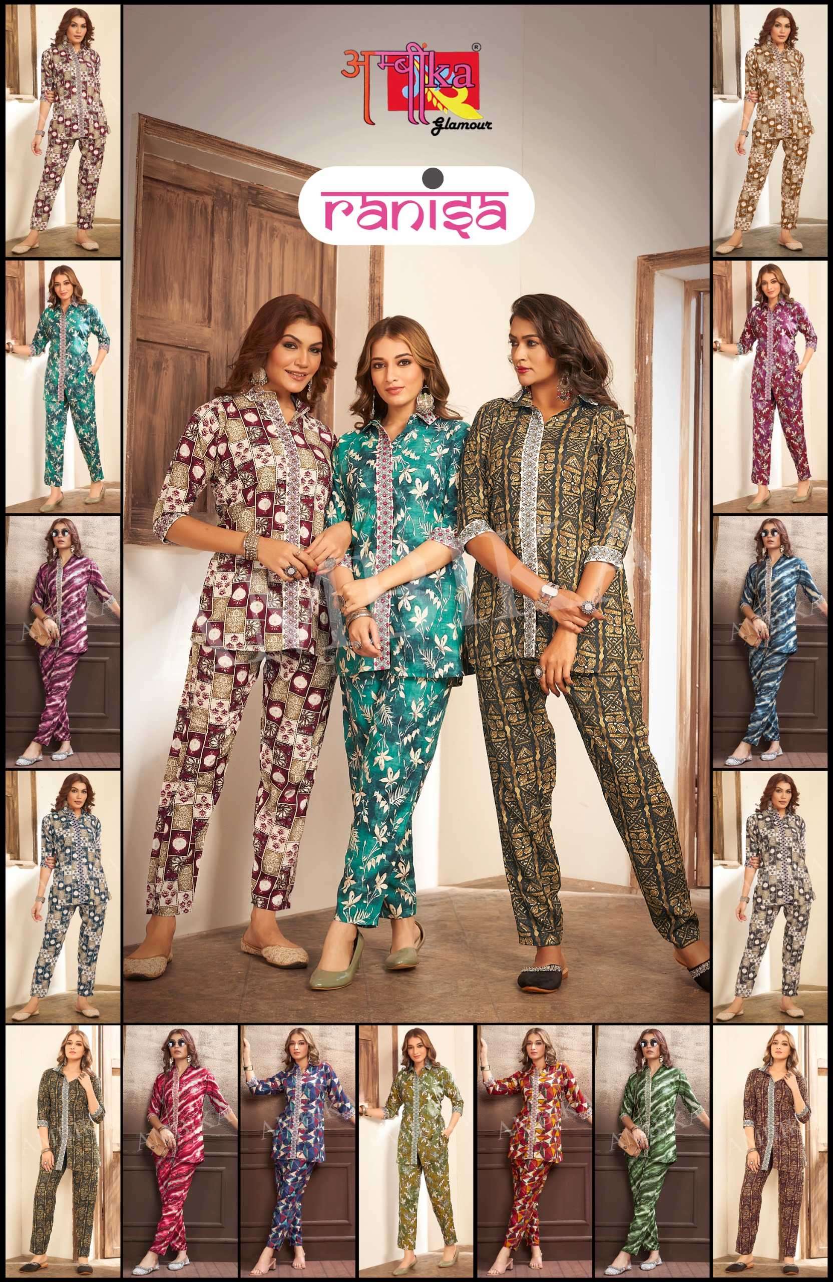 ambika ranisa Rayon 14 kg mill foil prints co-ord set
