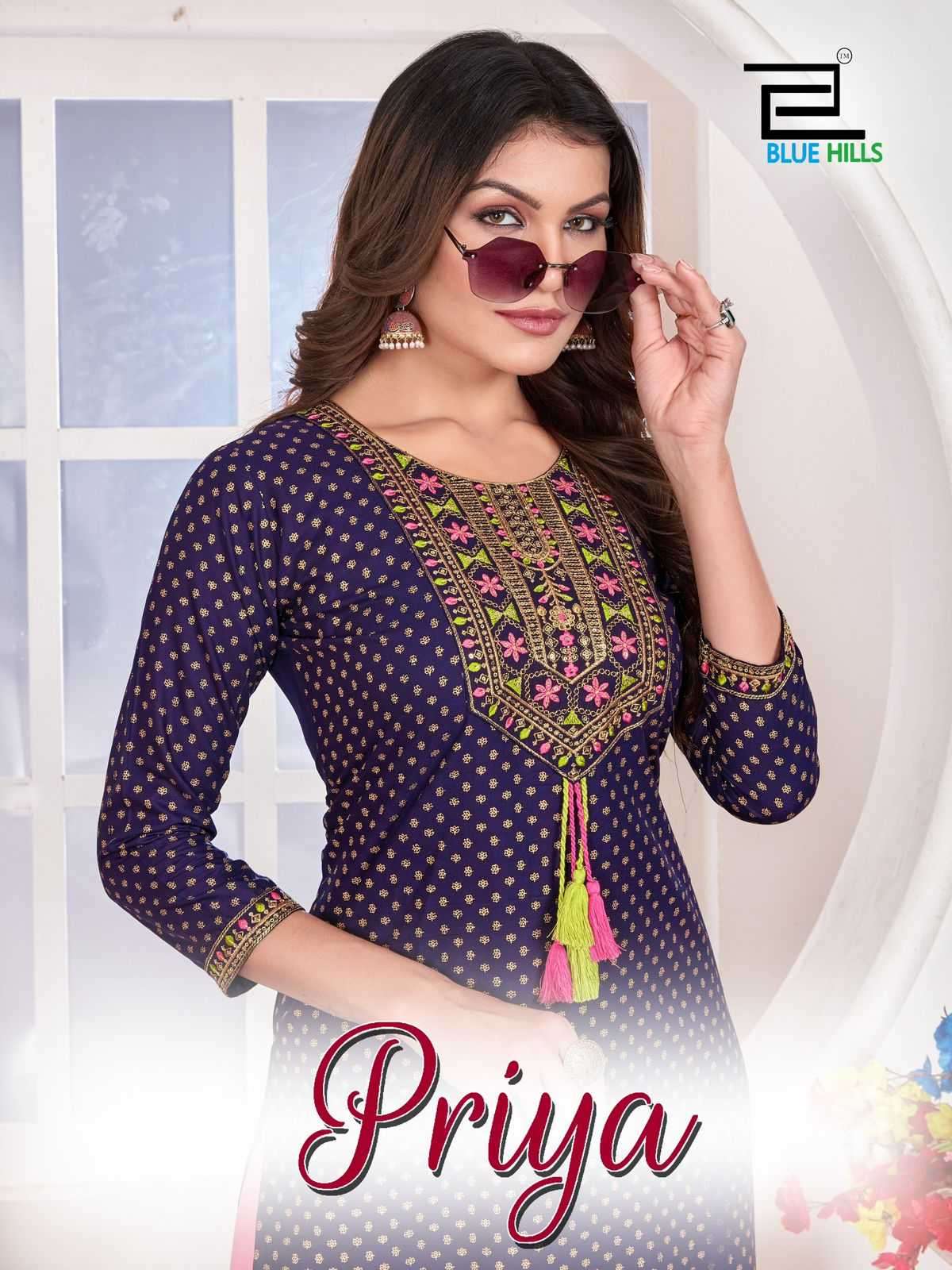 blue hills priya series 1001-1008 rayon 14kg foil print kurti 