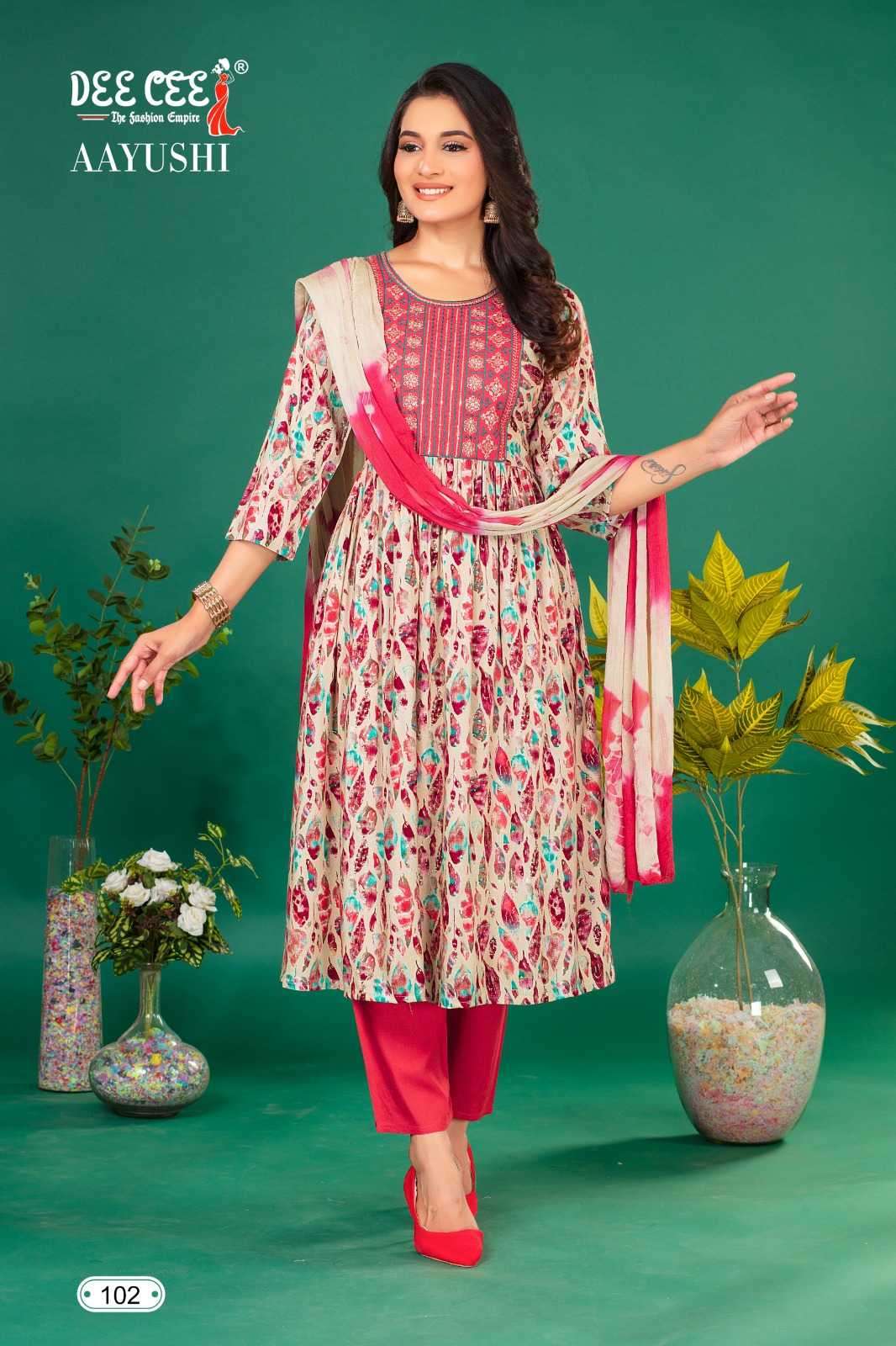 deecee aayushi series 101-104 rayon foil print readymade suit 