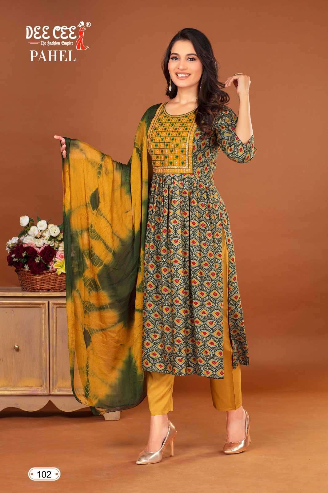 deecee pahel series 101-106 rayon foil print readymade suit 