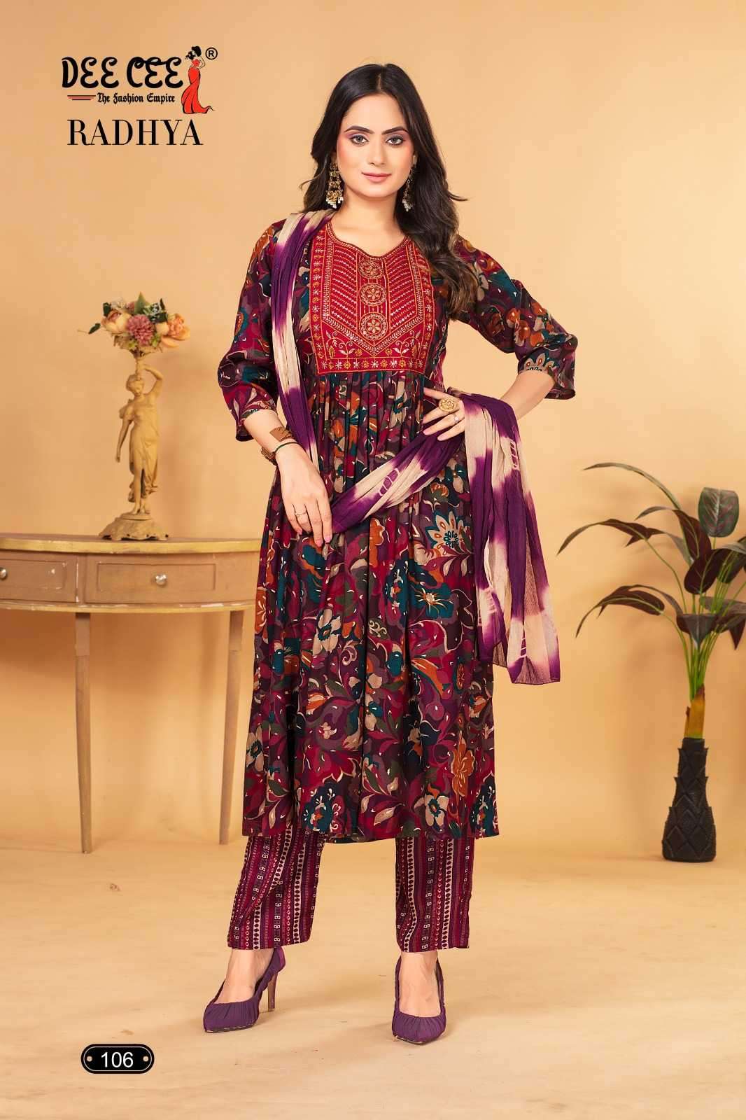 deecee radhya series 101-106 rayon foil print readymade suit 