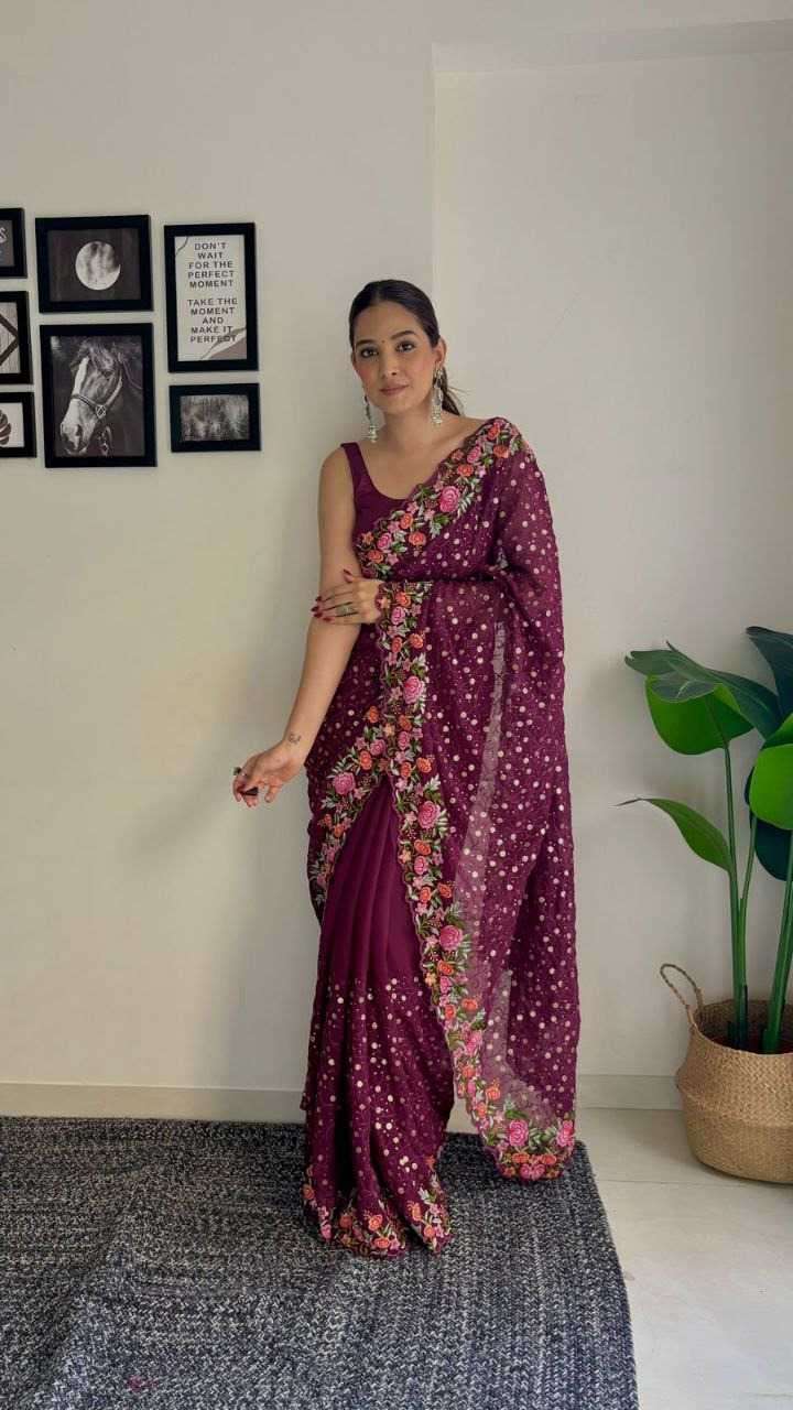 kc 764 soft georgette Multy Coloured Embroidary Thread Work saree